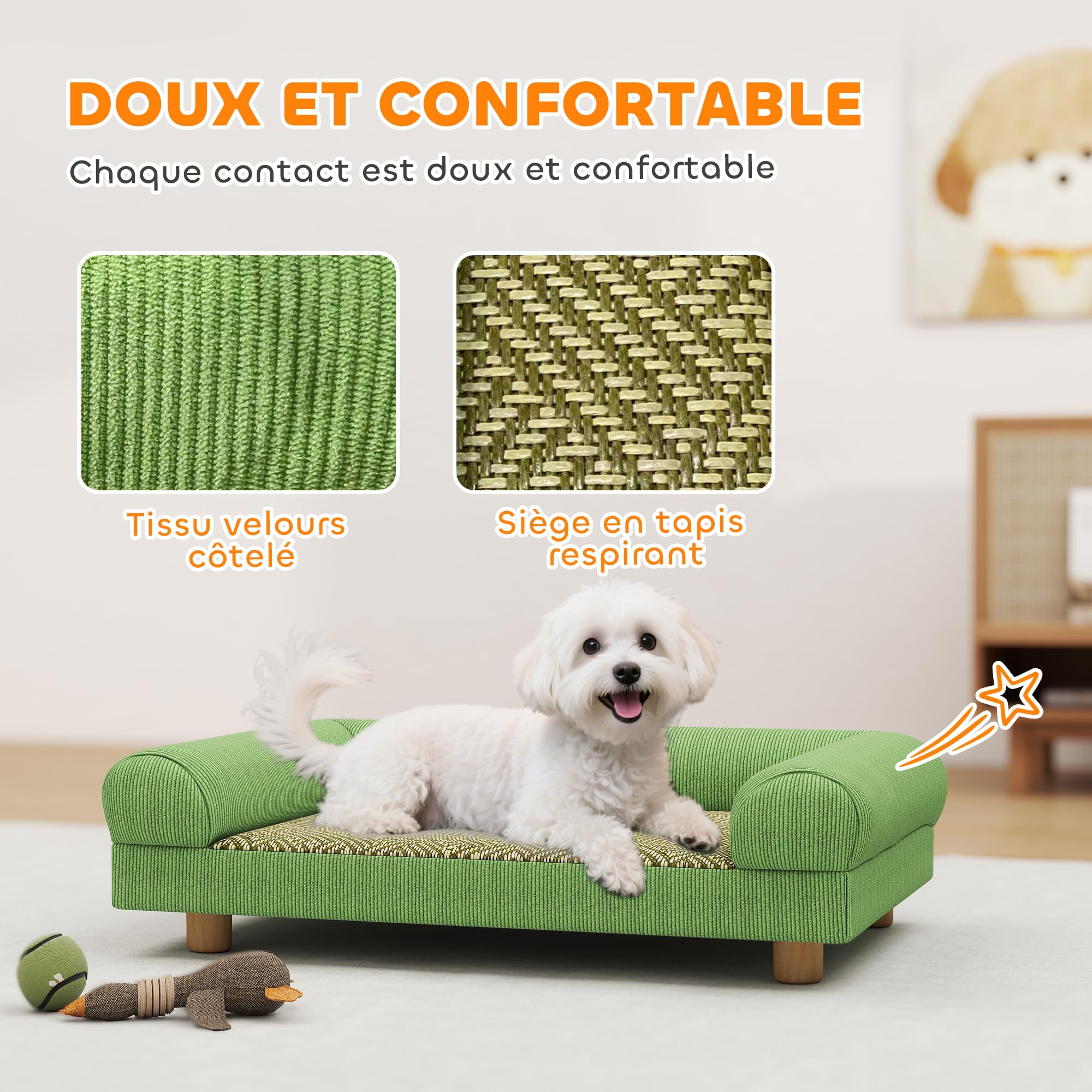PawHut Canapé pour Chien Chat lit pour Chien surélevé avec Assise de Tapis Frais, accoudoirs et Pieds, en Velours Doux, pour Animal jusqu'à 5 kg, 63 x 41 x 17 cm, Vert