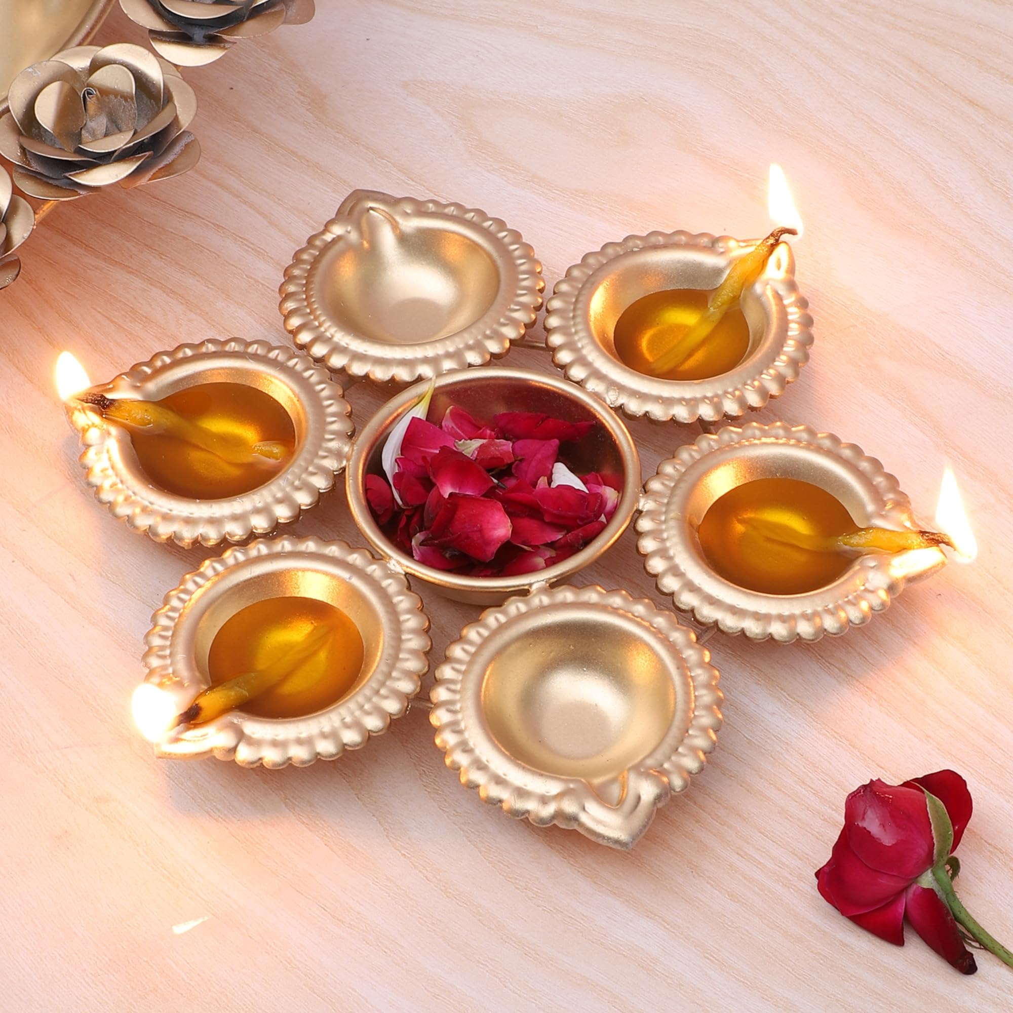 Two Moustaches 7 Inches Ethnic Design Decor Urli Bowl with 6 Diyas , Urli for Home Decor , Diwali Decoration Bowl , Potpourri Bowl for Decor , Gifts for Housewarming , Golden, Pack of 1 (B0D9BSQS5C) Amazon Price History, Amazon Price Tracker