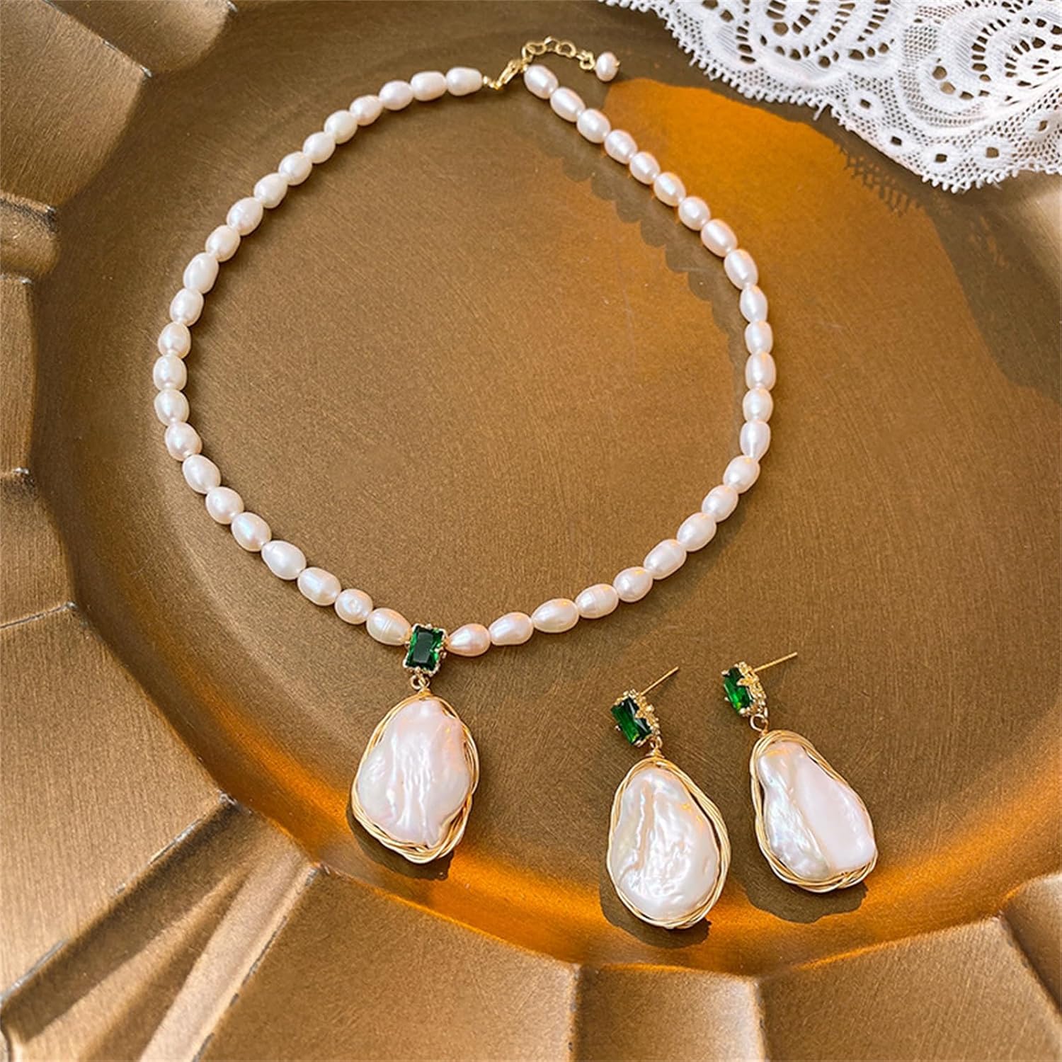 Natural Baroque Freshwater Pearl Dangle Necklace for Women, Wire Wrap Gold Pearl Stud Earrings Jewelry with Green Gemstone, Best Gift for Mom Lover Her (14K Gold Plated) - Image 7