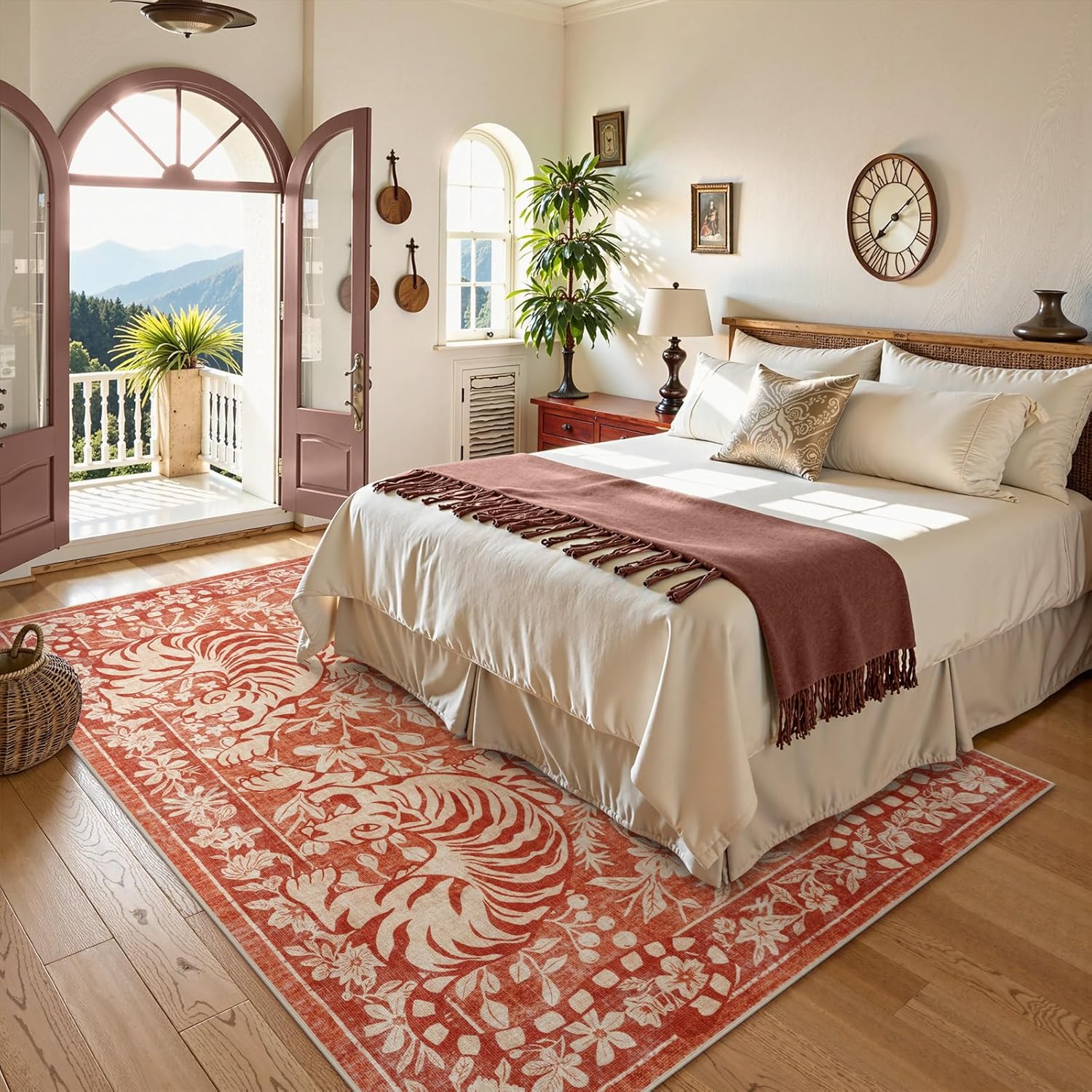 LIVEBOX Tiger Washable Area Rug 5x7, Boho Rugs for Living Room Non-Slip Jungle Floral Bedroom Rug, Vintage Soft Western Animal Floor Carpet for Dining Room Home Office Dorm (Terracotta)