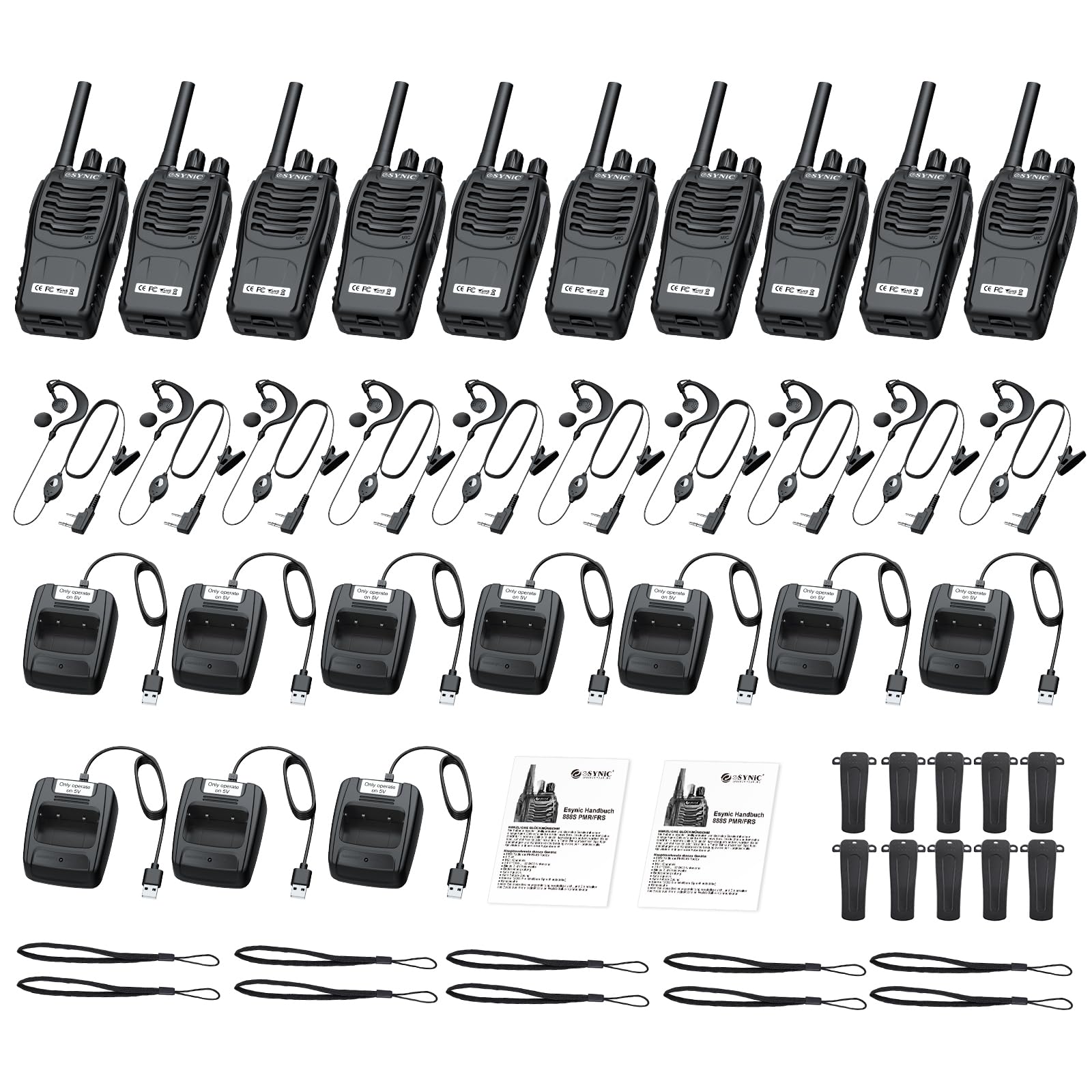 eSynic 10pcs Talkies-Walkies Longue Distance avec Écouteurs Talkie Walkie Professionnel 16 Canaux 1500 mAh avec Chargeur USB Compatible VOX pour la Survie en Pleine Nature Cyclisme