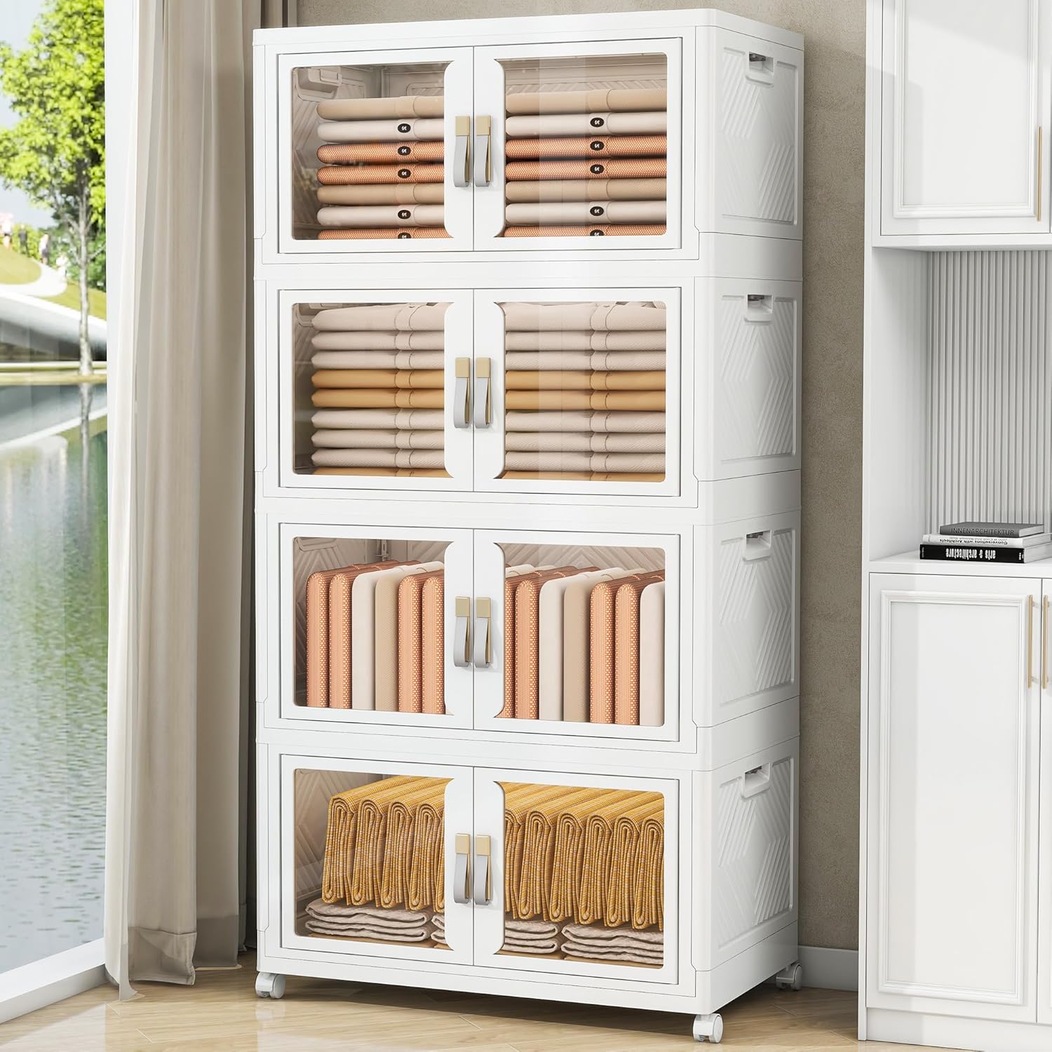 Stackable Storage Bins with Doors & Lids & Wheels, Foldable Collapsible Closet Organizers for Bedroom Dorm (4, 65cm)