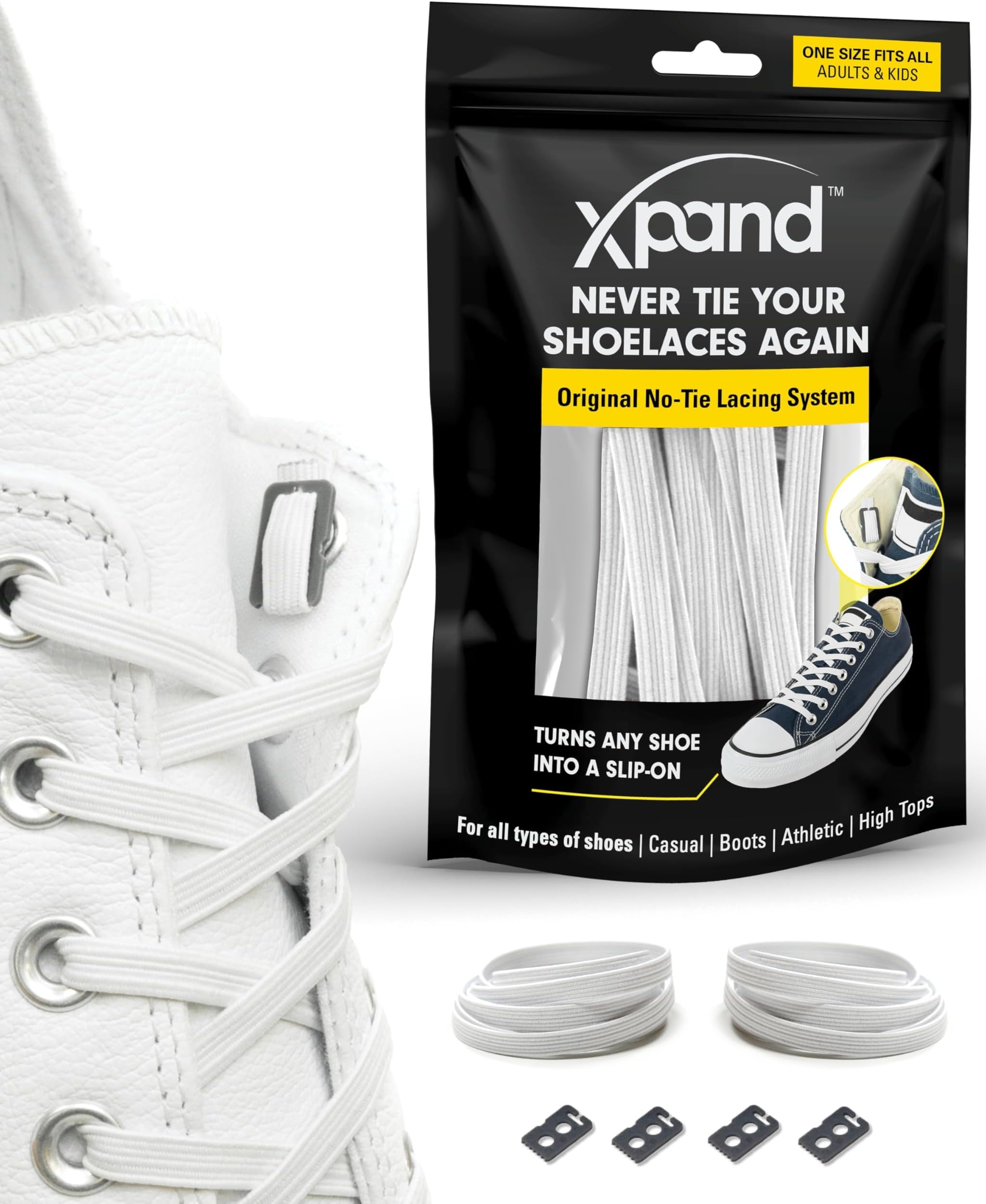 Xpand No Tie Shoelaces System with Elastic Laces - White - One Size Fits All Adult and Kids Shoes