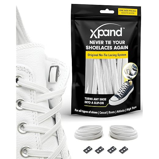 Xpand No Tie Shoelaces System with Elastic Laces - One Size Fits All Adult and Kids Shoes, White