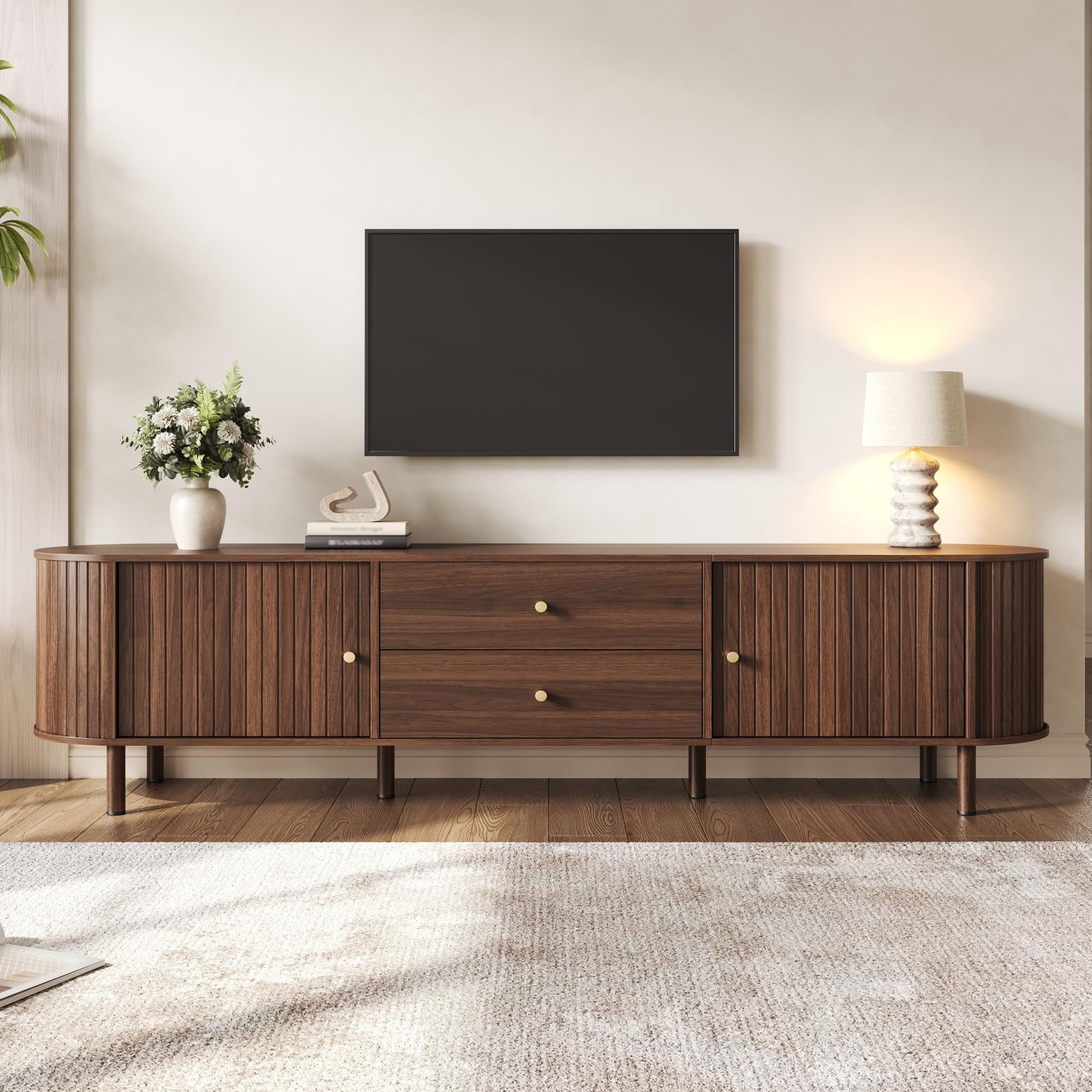 180 cm TV Schrank, Ovaler Lowboard mit Schiebetüren für Wohnzimmer | TV Bänke 180x40x58cm, Ovaler Schrank mit Schiebetüren und 2 Schubladen, TV-Möbel in Holzoptik