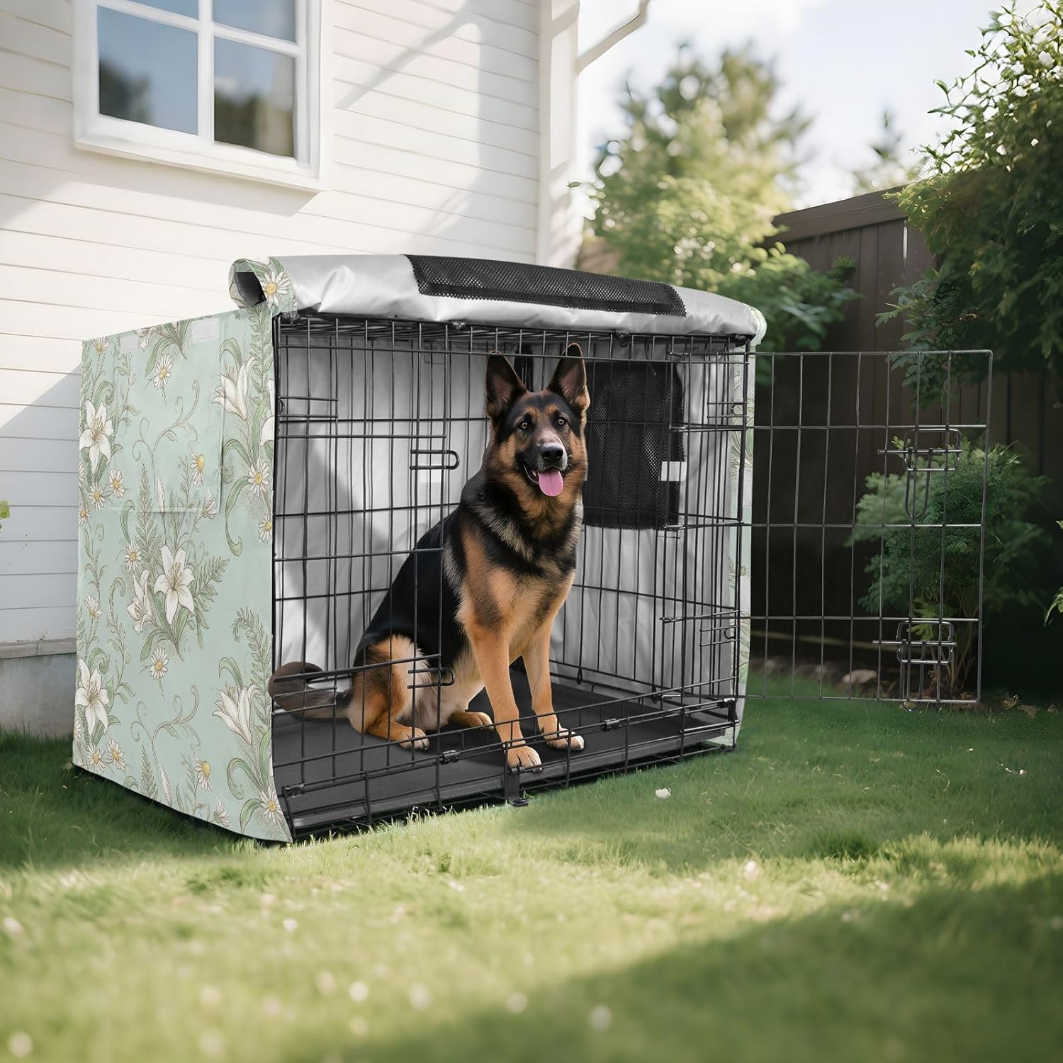 Duty 600D Silver Coated Dog Crate Cover, Water-Resistant Floral Print Pet Kennel Canopy with Mesh Windows for Optimal Ventilation, Universal Fit for Standard Wire Cage, Indoor & Travel