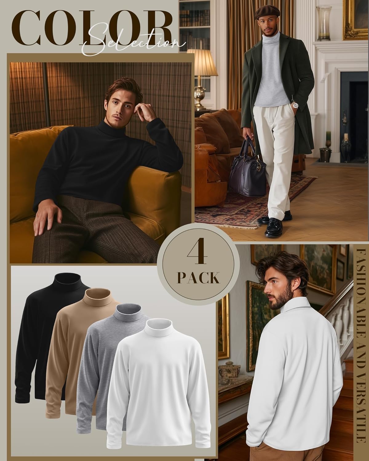 4 Pack Men's Turtleneck Shirts, Long Sleeve Thermal Sweaters Solid Casual Pullover Tops Basic Undershirts - Image 4