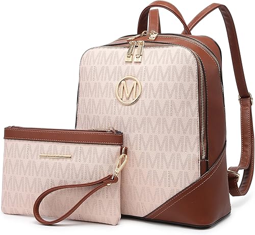 MKP - Mochila mediana con doble cremallera para mujer, de piel sintética, 2 unidades, Rosado, Mochilas de mochila