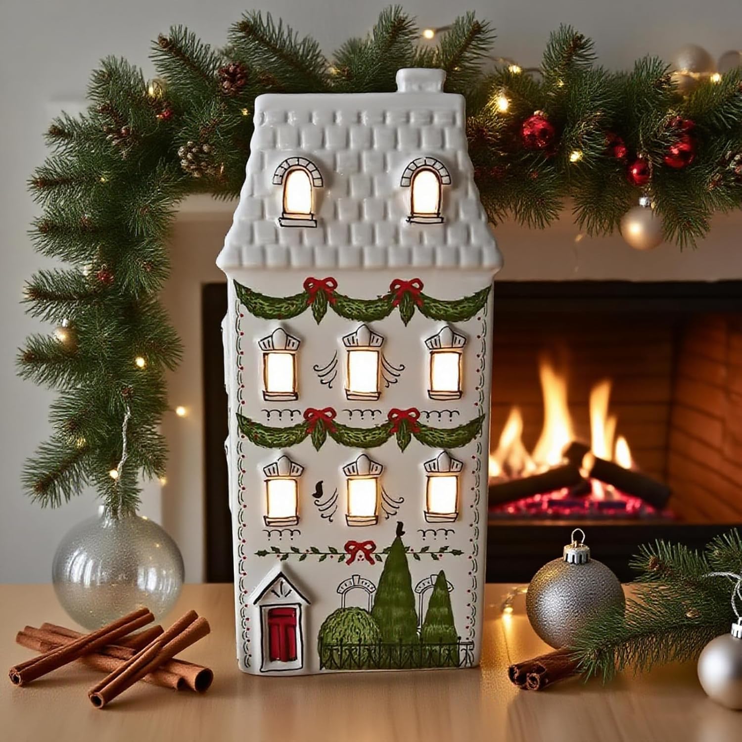 Cynkeyee Christmas Village Houses Party Decorations - Christmas House Décor White Ceramic Decorations Indoor Shelf Tabletop Decor 4x3.5x8.5 Inch