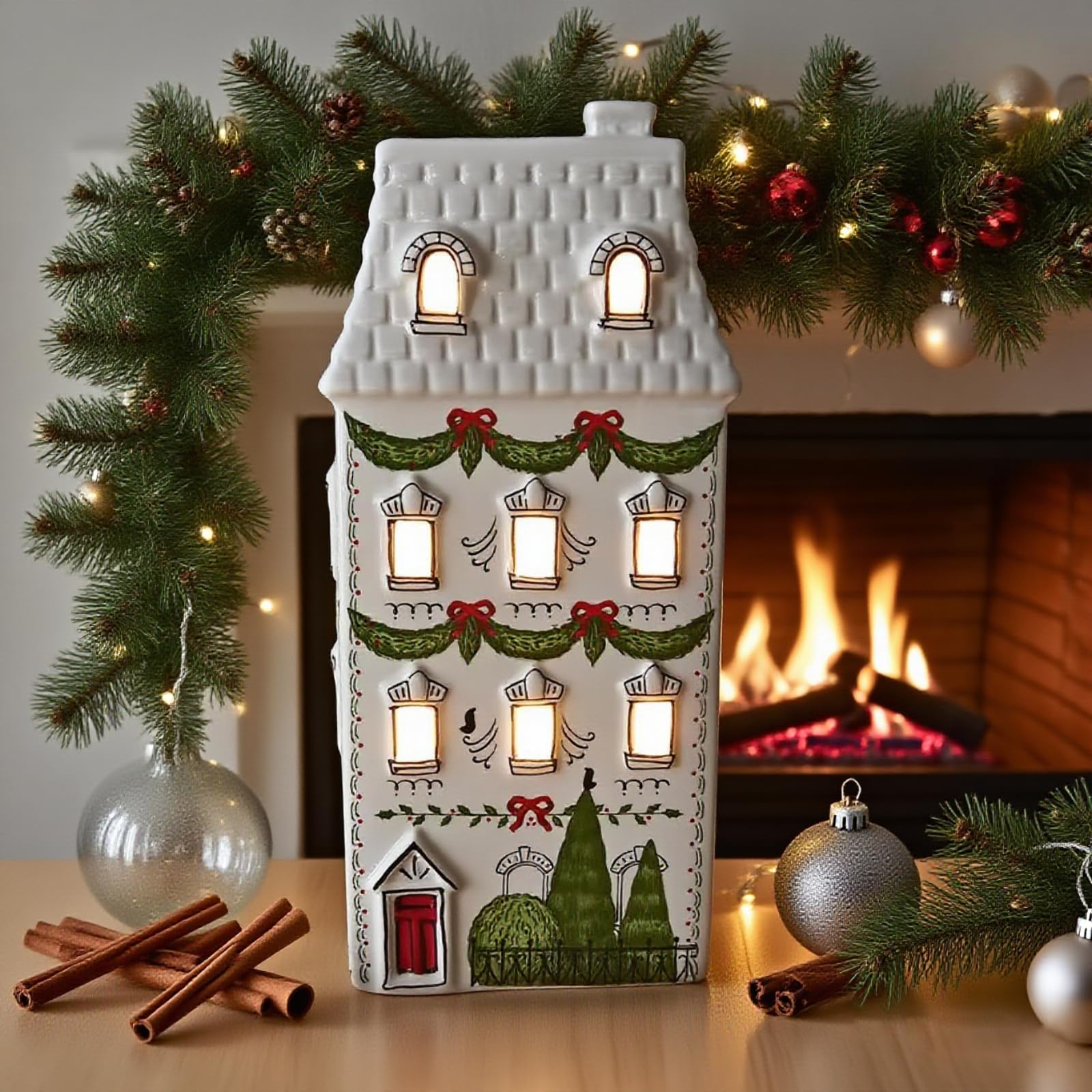 Cynkeyee Weihnachtsdorfhäuser, Party-Dekorationen, Weihnachtshaus-Dekoration, weiße Keramik-Dekorationen, Innenregal, Tischdekoration, 10,2 x 8,9 x 21,6 cm