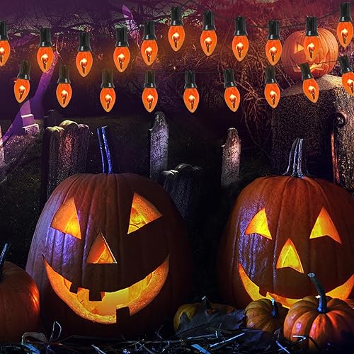 Miniatura 4 de Guirnalda de luces de Halloween naranja llama transparente de 25 pies C7 para Halloween naranja al aire libre con 25 bombillas de llama naranja