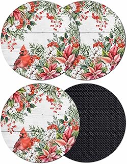 Cardinal Bird Coasters Set of 4, Absorbent Coasters for Drinks, Winter Poinsettia Pine Cones Berry Wood Coaster for Desk Coffee Table Protection, Home Decor House Warming Gifts 4"