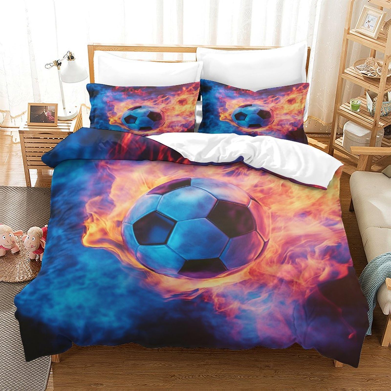 P1S9U7W5Y Vibrant Football 3D Printed Duvet Cover Set 3pcs Microfiber Flaming Soccer Bedding Set Super king（260x220cm）