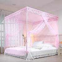 Vista 11 de Dosel de cama, mosquitera de princesa para niñas y adultos, con tres puertas, diseño de encaje rectangular (Azul bebé, King)