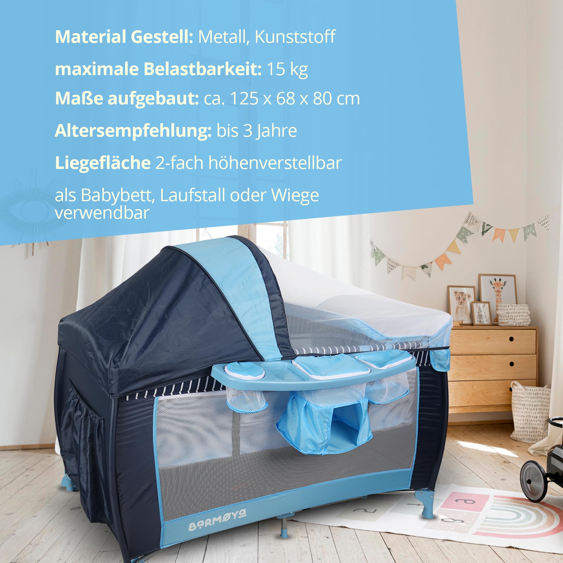3-in-1 Baby-Reisebett mit Wickelauflage – Reisebett, Laufstall & Beistellbett, höhenverstellbar, Moskitonetz & Sonnendach, faltbar inkl. Tragetasche (Beige)