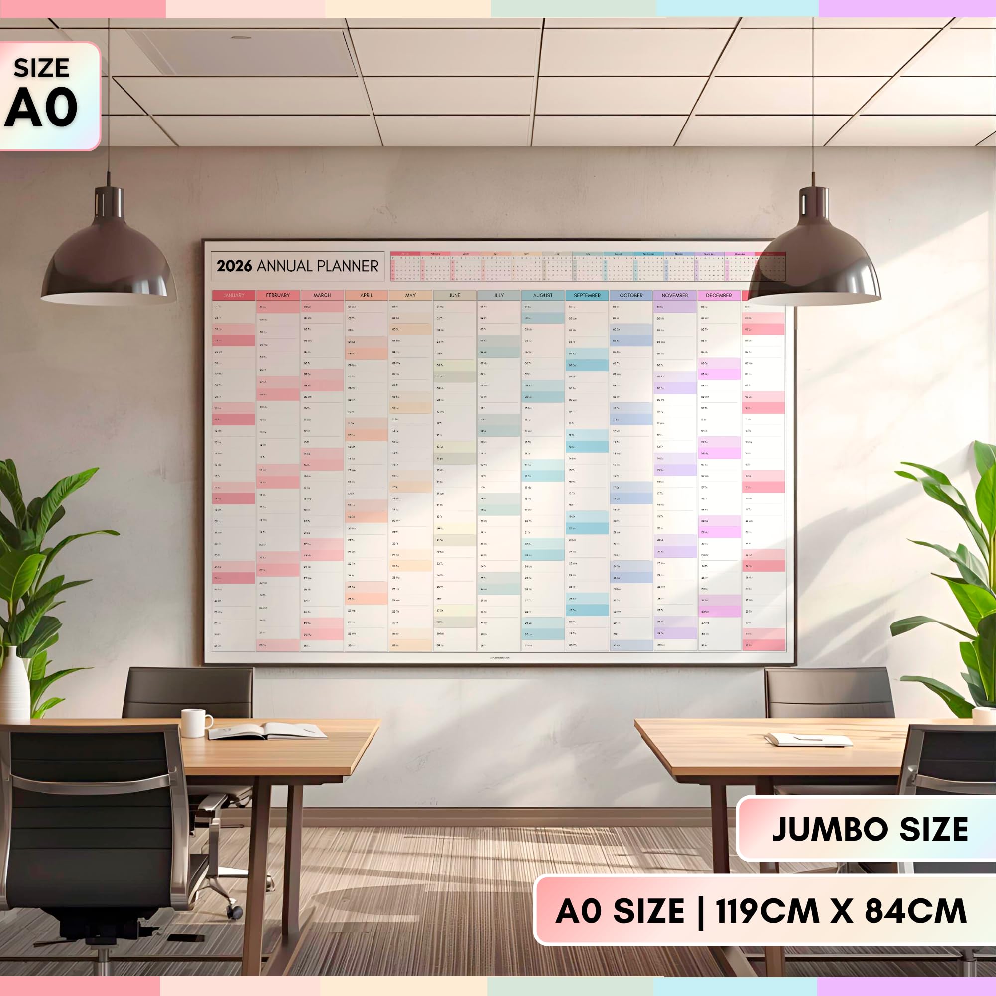 2026 Planificador Mensual Gigante de Pared, A0 119 cm x 84 cm | IMPRESIÓN GIGANTE DOBLE LADO, Calendario de Pared Arcoíris 2026, Planificador Anual, Vista Completa del Año | Organizador para Oficina
