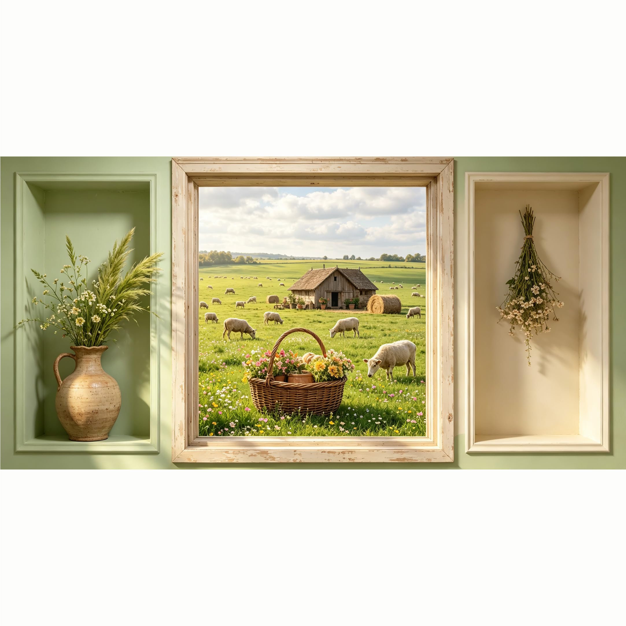 QZLITHOTIC 50x100cm 3D Framed Wall Art， Farmhouse Sheep Pasture Landscape Self‑Adhesive Mural， Water‑Activated Peel & Stick Fabric Decor Wall Decal for Bedroom Living Room