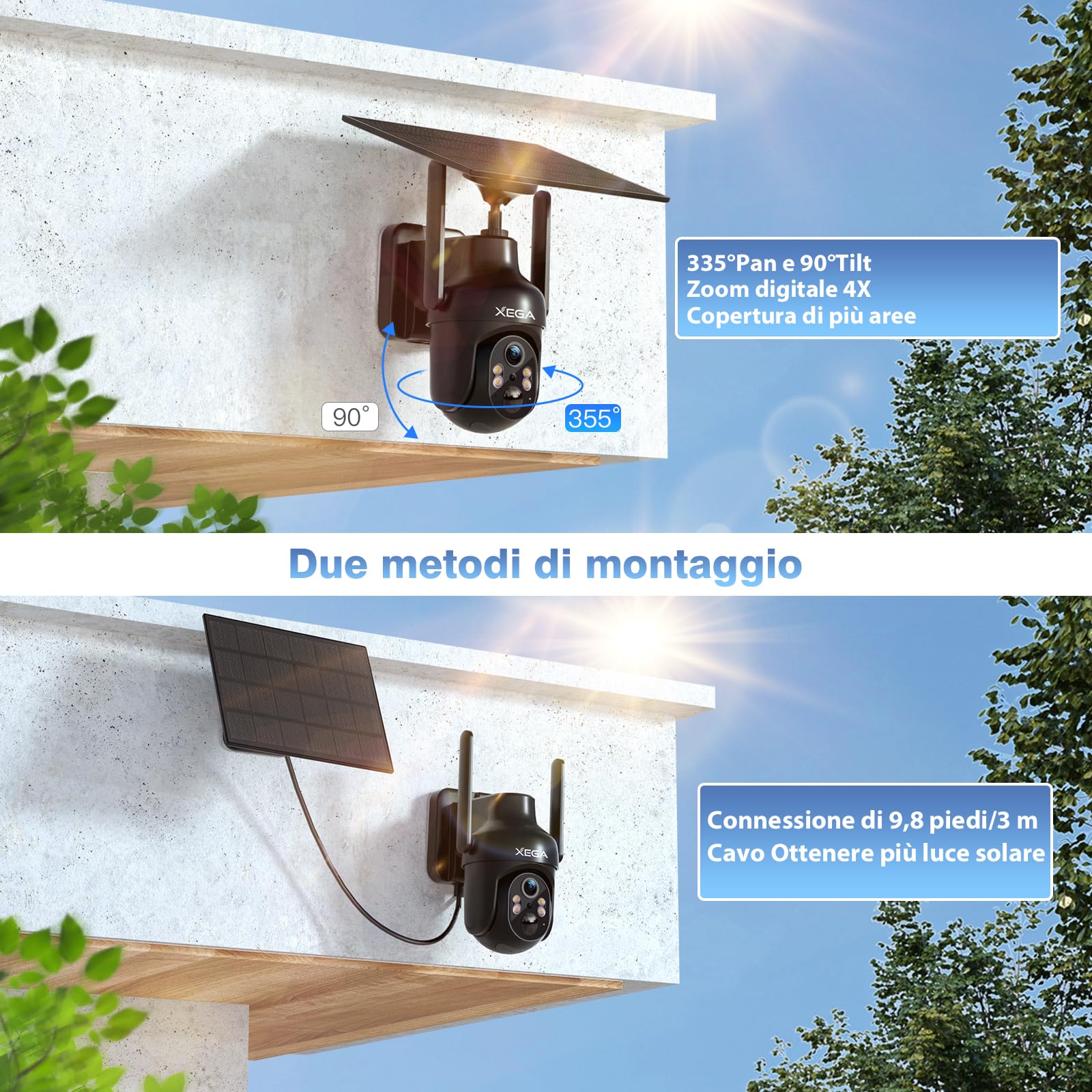 Xega Wi-Fi Telecamera Solare Esterno Senza Fili, HD PTZ Telecamere Solare | 5200mAh Batterie,Visione Notturna a Colori,Rilevamento Umano PIR,Audio a 2 Vie,IP66,TF/Cloud,2,4GHz
