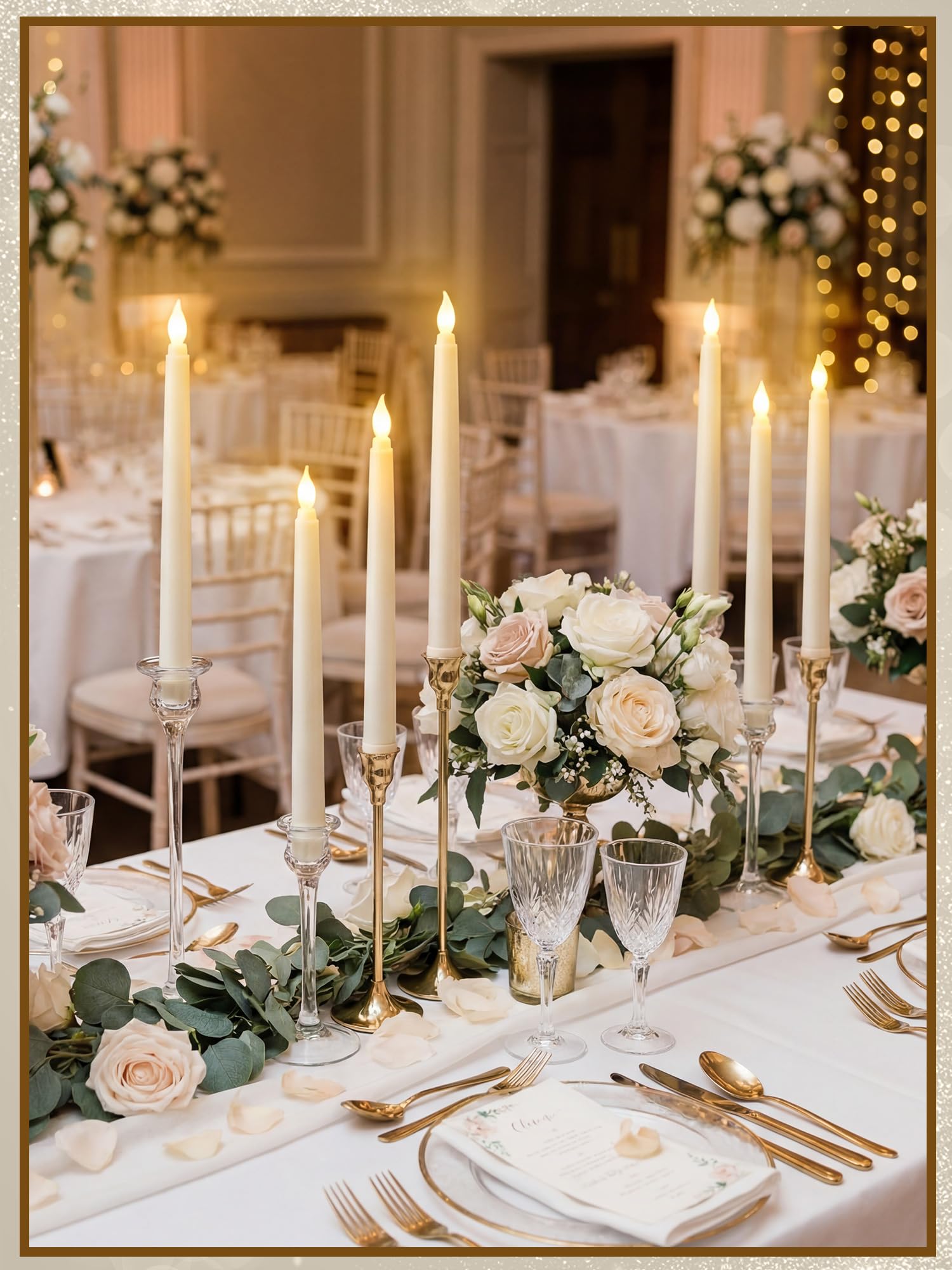 Treela 24 candele coniche senza fiamma, alimentate a batteria, a LED, tremolanti, affusolate, per decorazione anniversario di matrimonio (base, 20 cm, avorio)