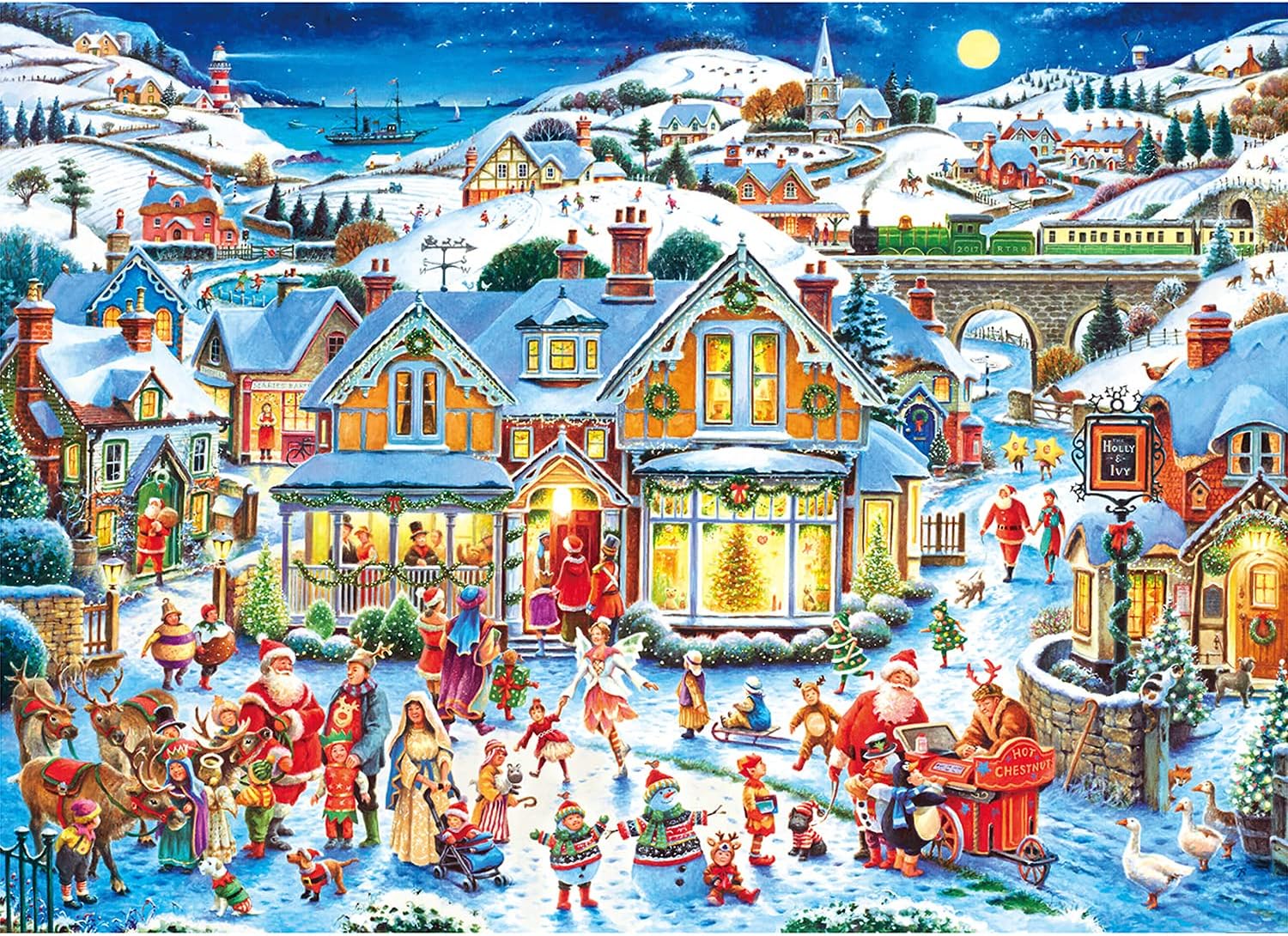 1000 Pieces Puzzle for Adults - Snow Scene in Christmas Warm Christmas with Snowman Christmas Tree Christmas Deer, A-F Letter On The Back, 27.6" X 19.7"