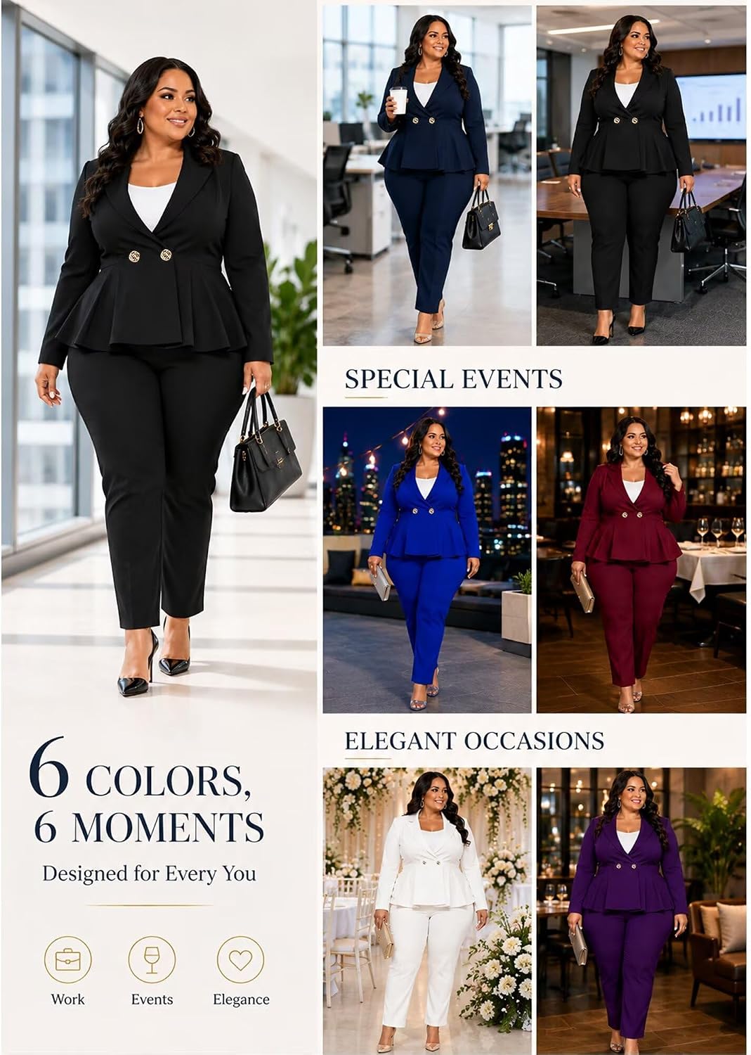 CXXQ Women's Plus Size 2 Piece Peplum Blazer Pants Suit for Work