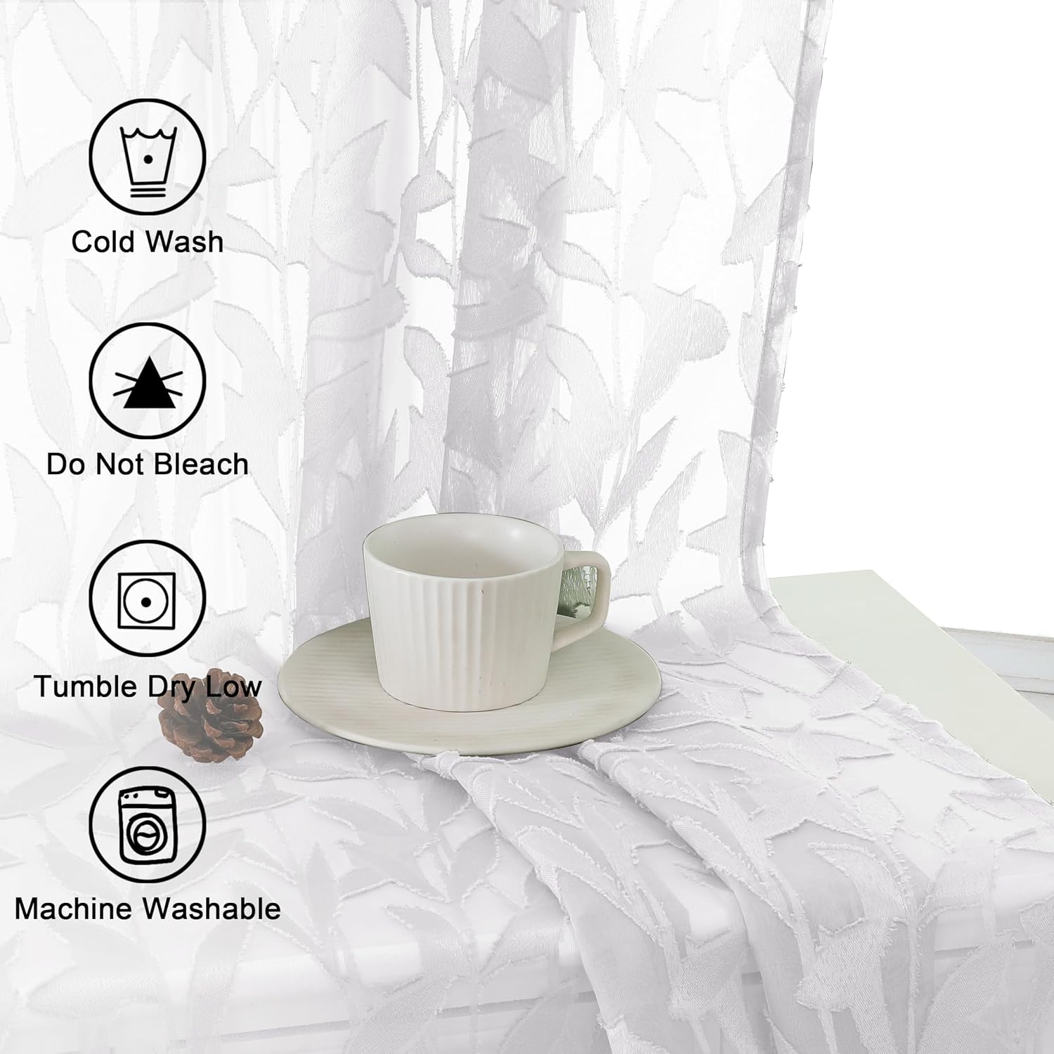 Lecloud White Sheer Curtains Jacquard Leaf Valances 14 Inch Length, 2 Pcs