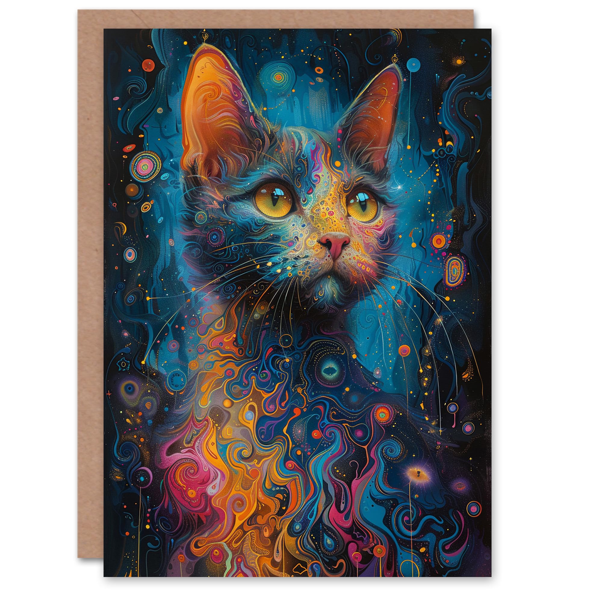 Artery8 Birthday Card Cat Lover Psychedelic Concept Art Galactic Kitty For Her Gran Sister Niece Daughter Wife Woman Greeting Card