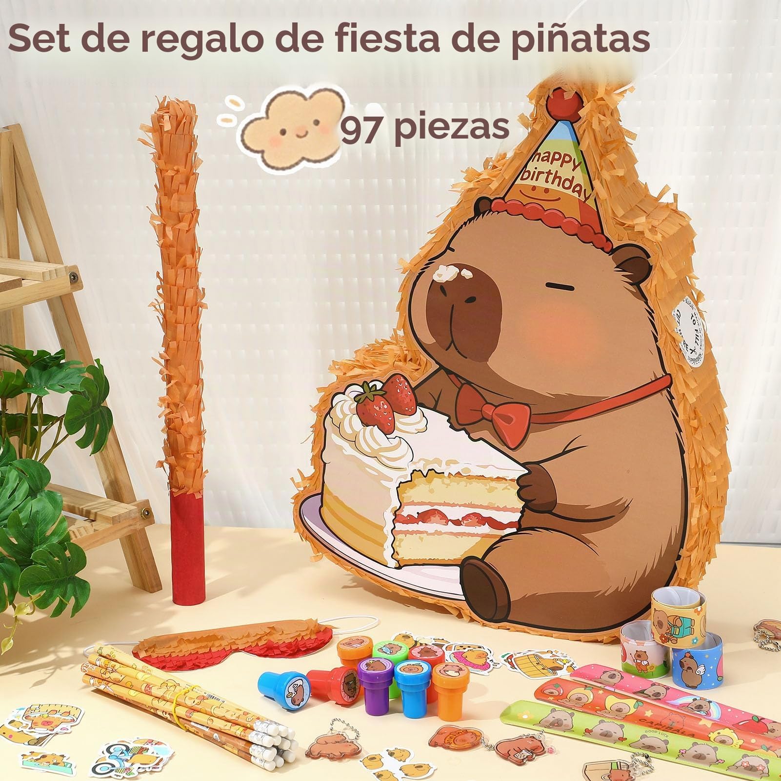 Piñata de cumpleaños con varilla y máscara para niñas y niños, juego de piñata con 96 rellenos, piña para fiestas infantiles para colgar, piñata como decoración de fiesta en 43 x 31 x 7 cm