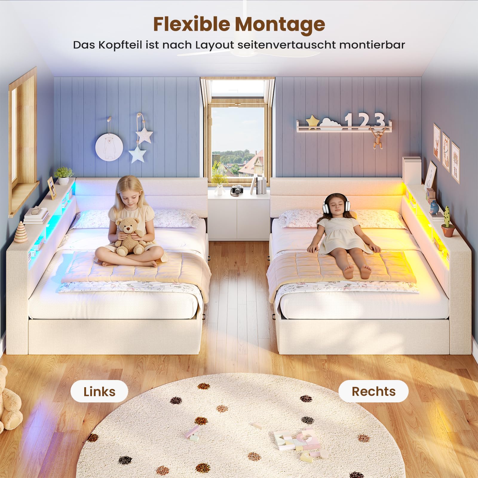 AOGLLATI Polsterbett Schlafsofa 140x200, Doppelbett mit LED-Beleuchtung & Ladestation, Betten 140x200 mit 4 Schubladen und Lattenrost aus Metall, Jugendbett Tagesbett, Leinen Beige (ohne Matratze)