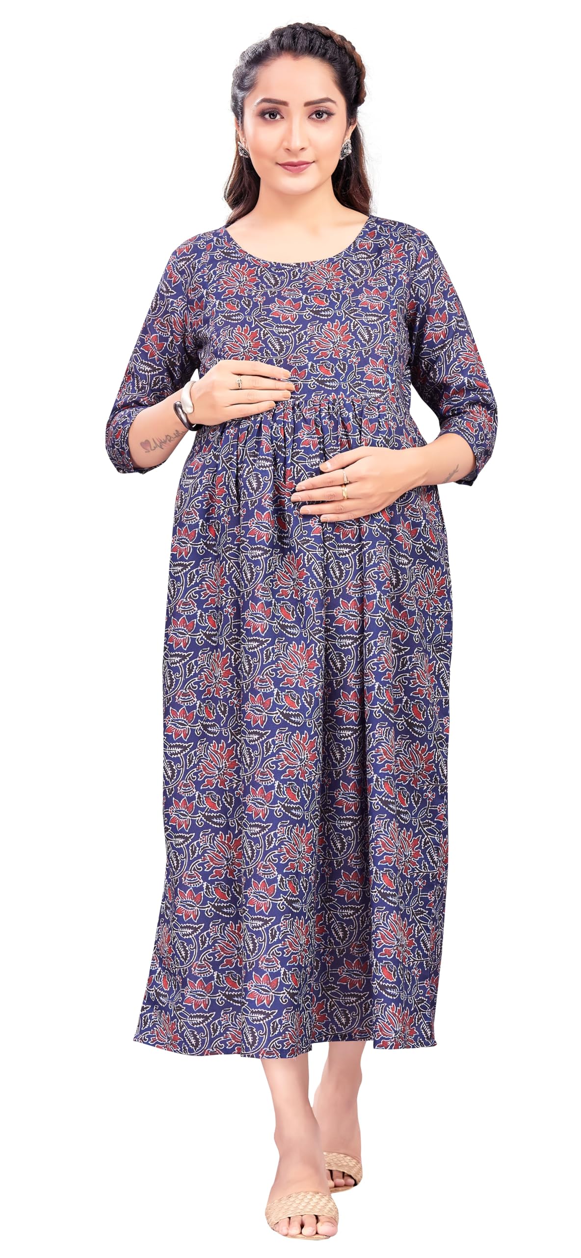 Mommy Mode Women's Maternity Feeding Nursing Kurta Dress with Pockets-image-14