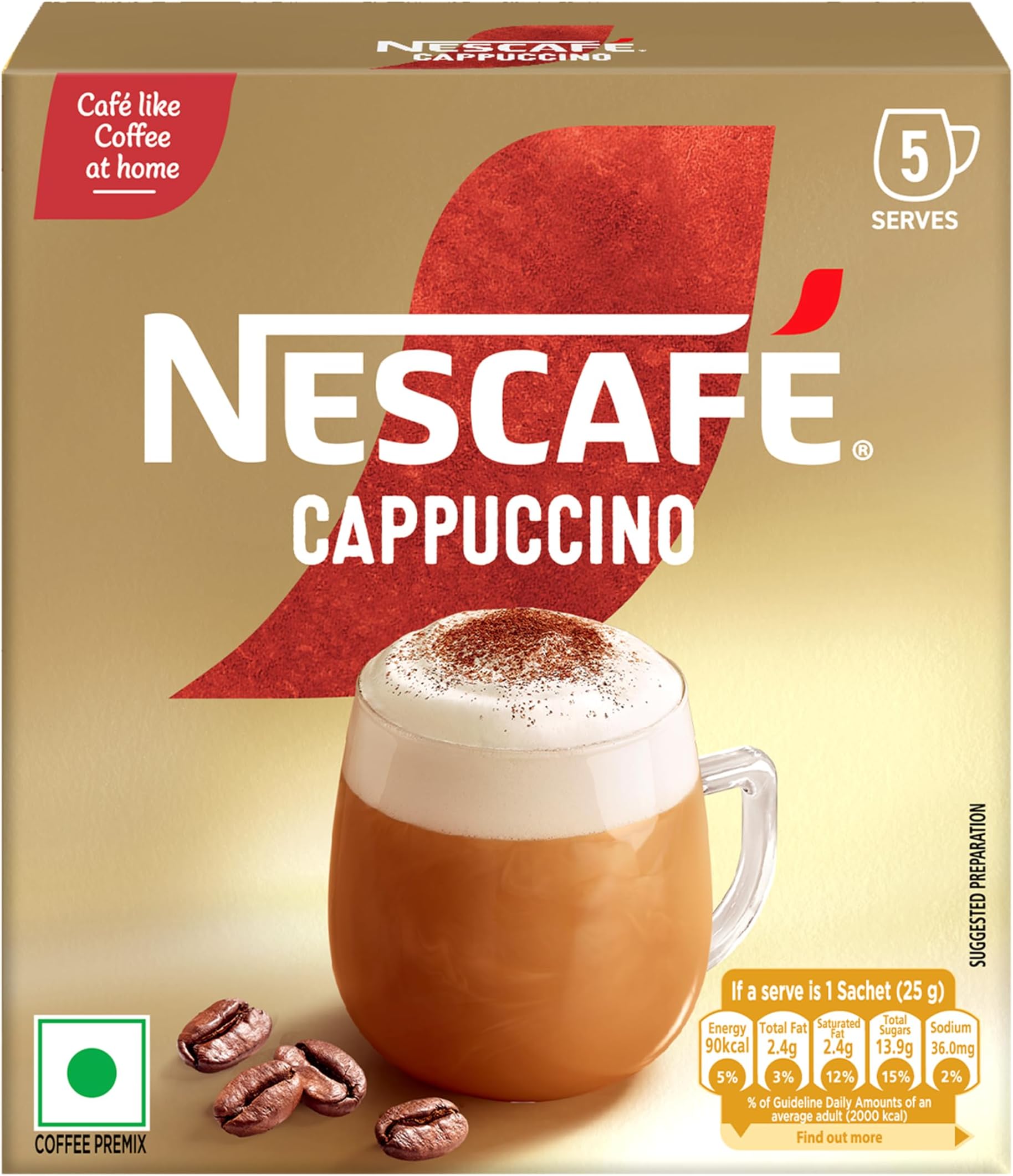 Cappuccino | Cafe-like Coffee At Home |Coffee Premix | Just Add Hot Water | 125 G (5 Sachets x 25 G).