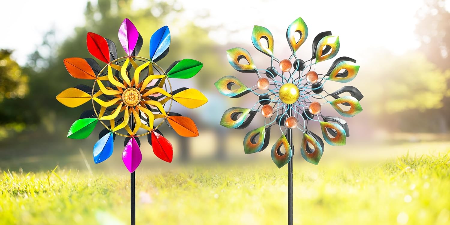 DIBIEECN 78 Inch Rainbow & Peacock Wind Spinner - Metal, Multicolor, Weather & Rust Resistant - Garden Decor