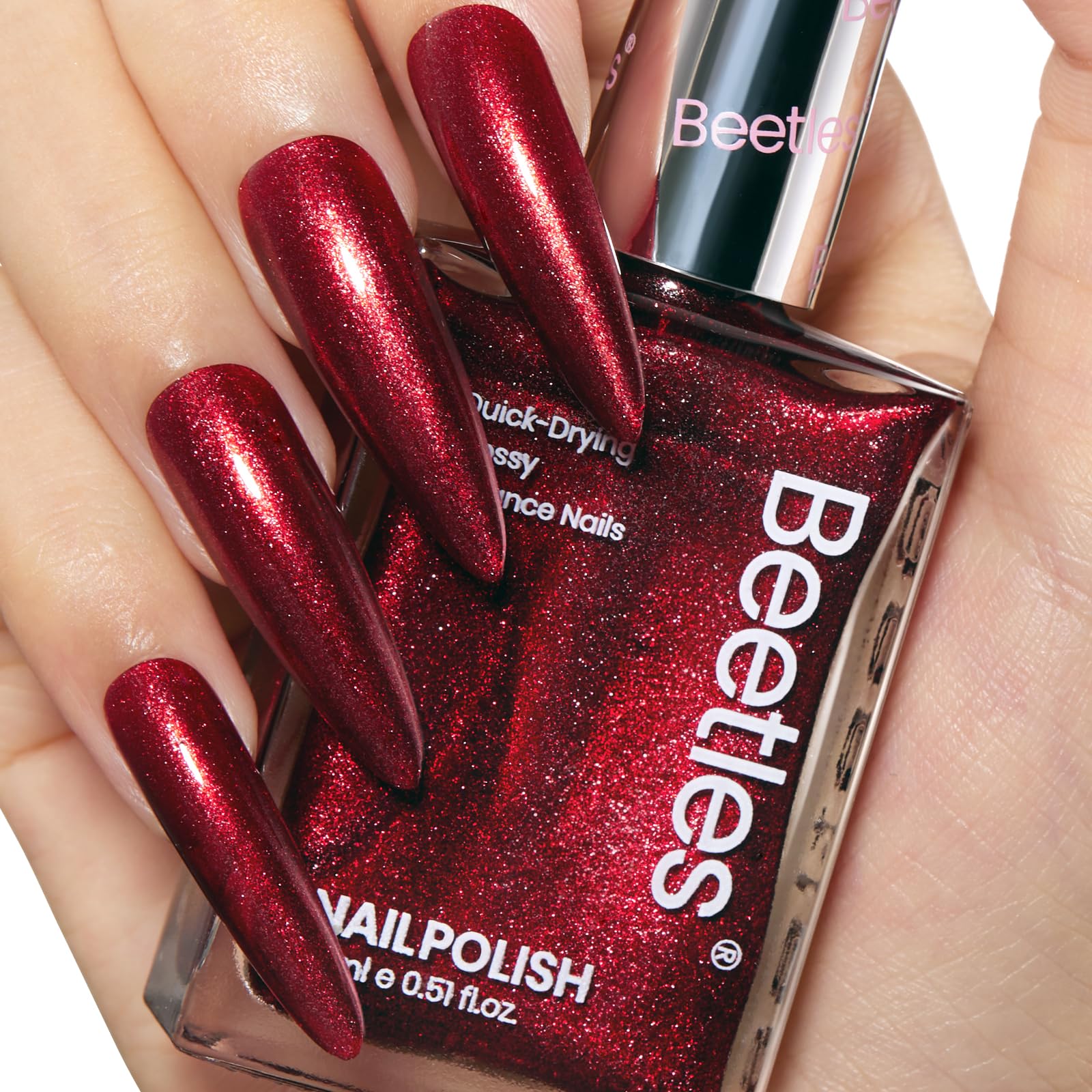 Beetles Nail Polish Red Glitter 1Pcs 15ml Ruby Radiance Fast Drying Long Lasting Nail Polish Shimmer Red Color