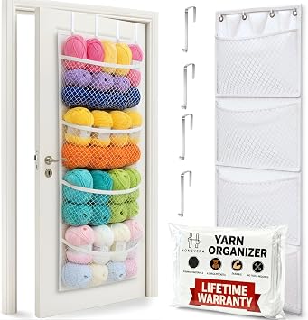 Honeyera Yarn Organizer and Storage Over The Door – Large Hanging Yarn Organizer with 4 Clear Mesh Compartments – Crochet Yarn, Knitting Supplies, Craft & Crochet Hook Storage Solution