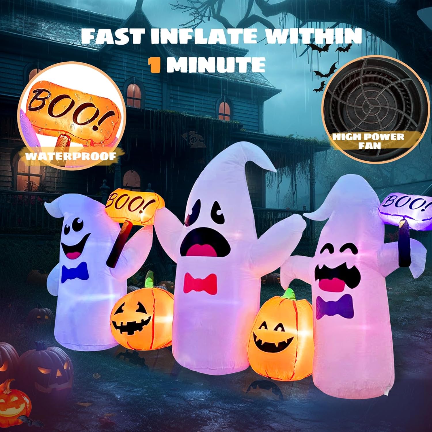 8FT Long Halloween Inflatable Ghosts and Pumpkins, 3 Blow Up Ghosts Inflatables with 2 Pumpkin Built-in LED Lights for Halloween Party Yard Garden Lawn Decorations