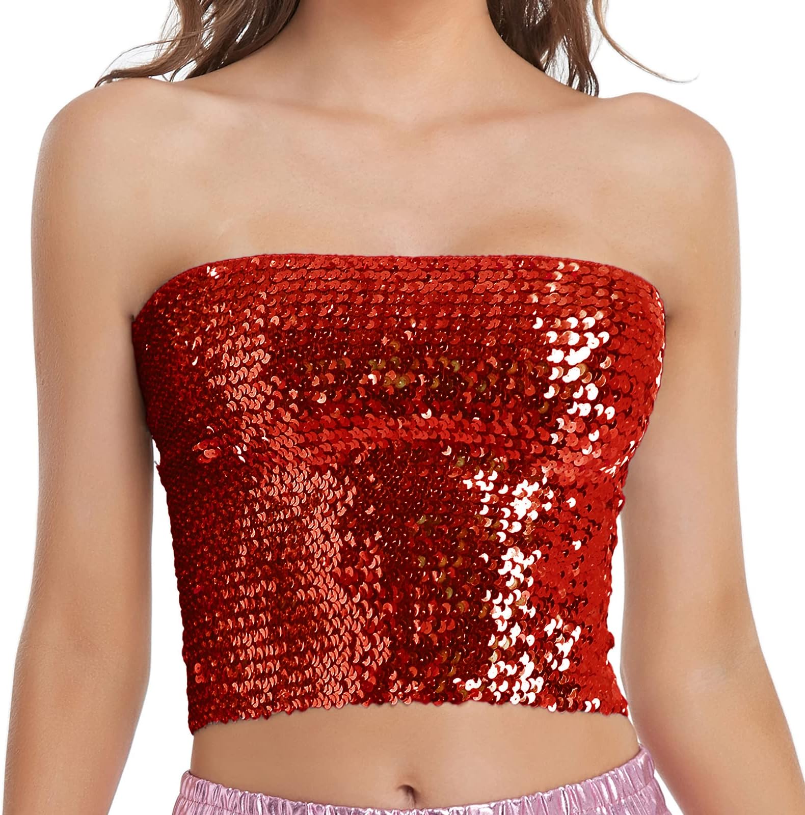 Womens Sparkly Sequin Mermaid Crop Tops, Strapless Metallic Tube Tops for Party Clubwear