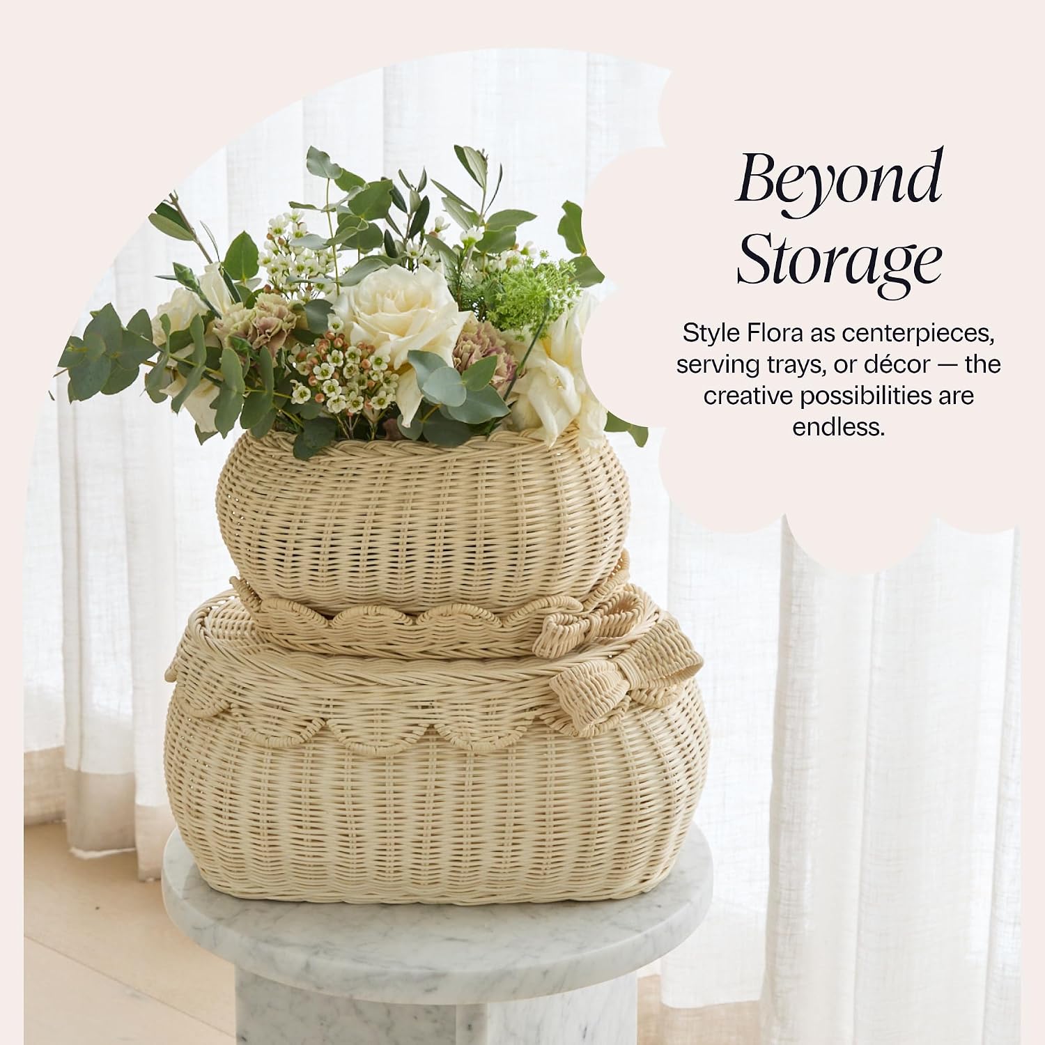 BEBE BASK The Original Scalloped Bow Basket with Lid – Set of 2 (15 x 11 x 6 in) – Handwoven Rattan Scalloped Wicker Basket with Lid, Woven Baskets for Storage (Bow)