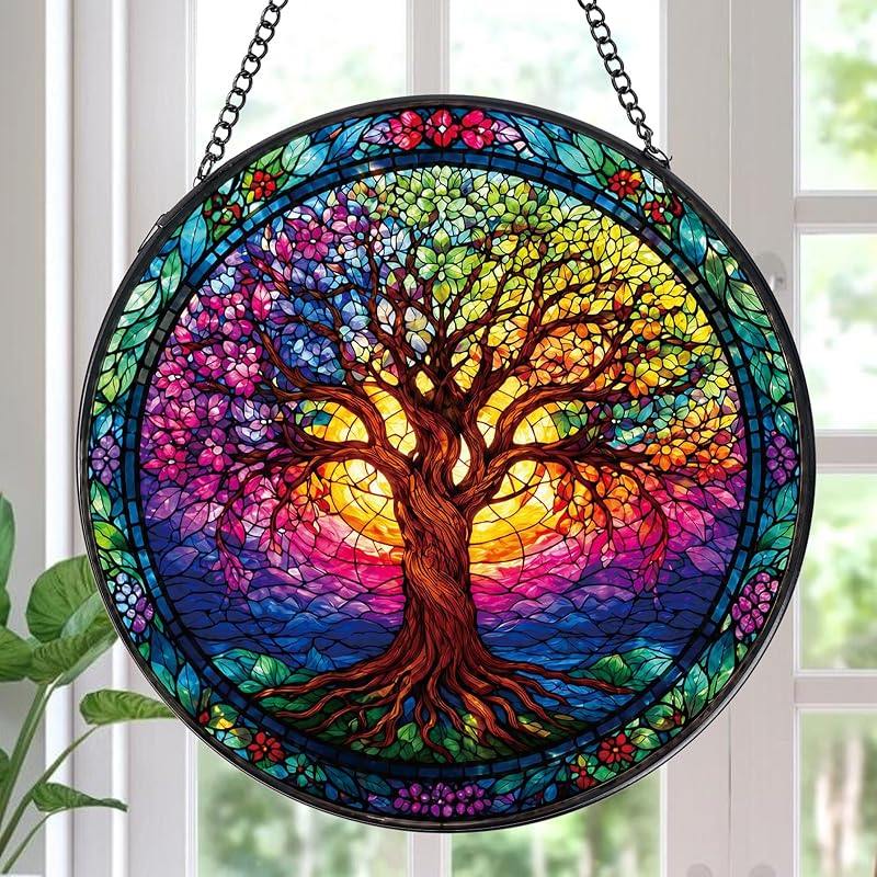 Enfeite Suncatcher Redondo de Vidro com Árvore da Vida Rngmsi, 19,81 cm