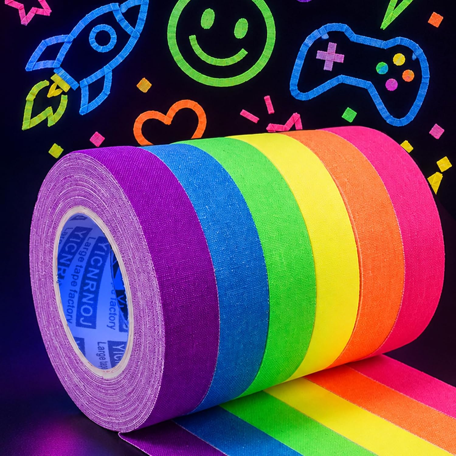 6-Pack 0.6in x 16.4ft Neon Gaffer Tape, Strong & Fluorescent Glow