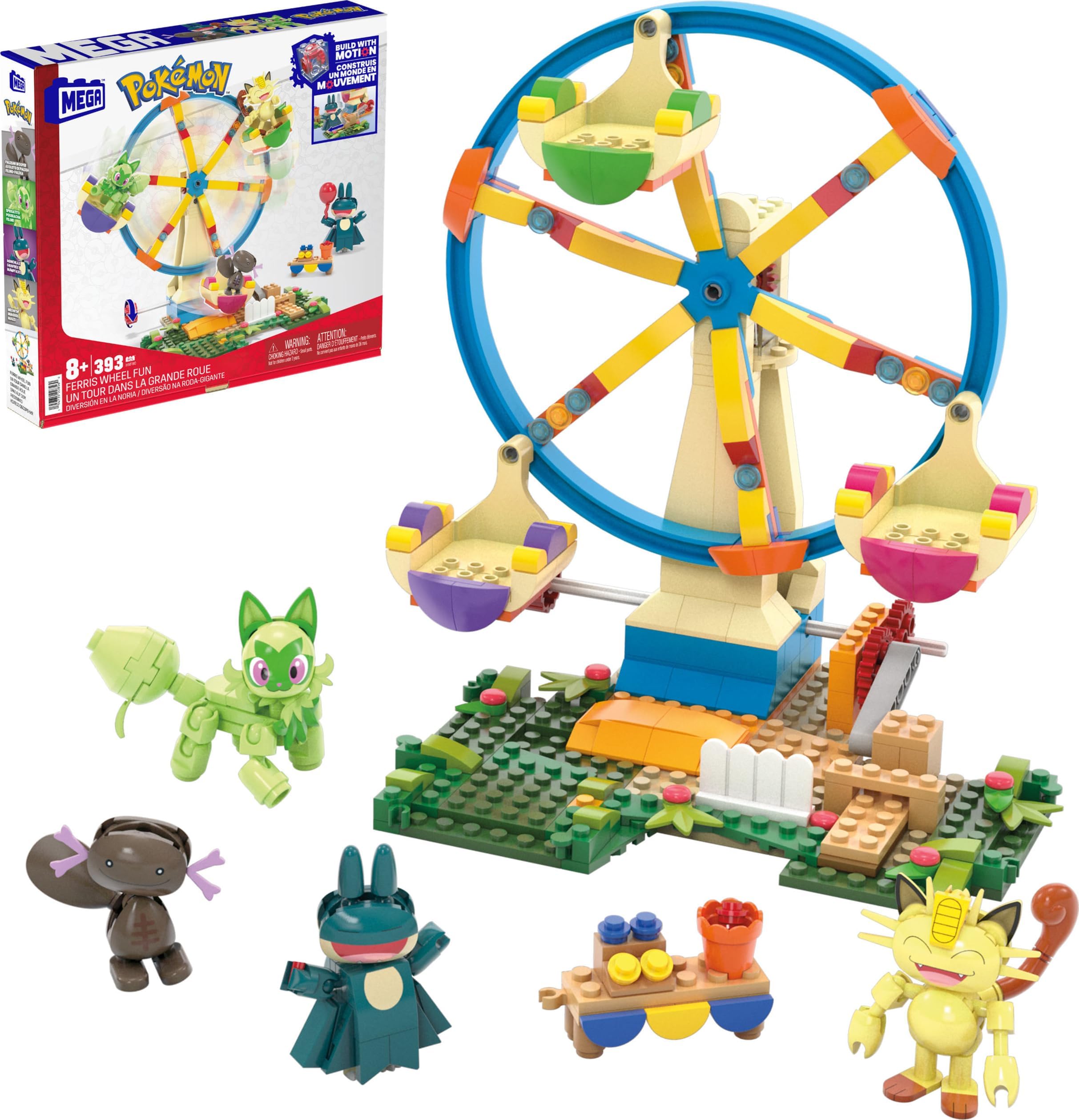 MEGA Pokemon Building Toys Set Ferris Wheel Fun with 393 Pieces, 4 Poseable Characters, 5+ Inches Tall, for Kids