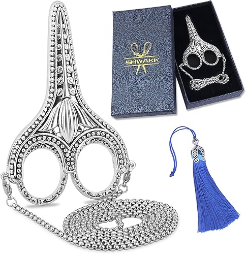 SHWAKK Tijeras de bordado, exquisitas tijeras de acero inoxidable con punta afilada retro con cadena de vaina, tijeras de costura para costura,