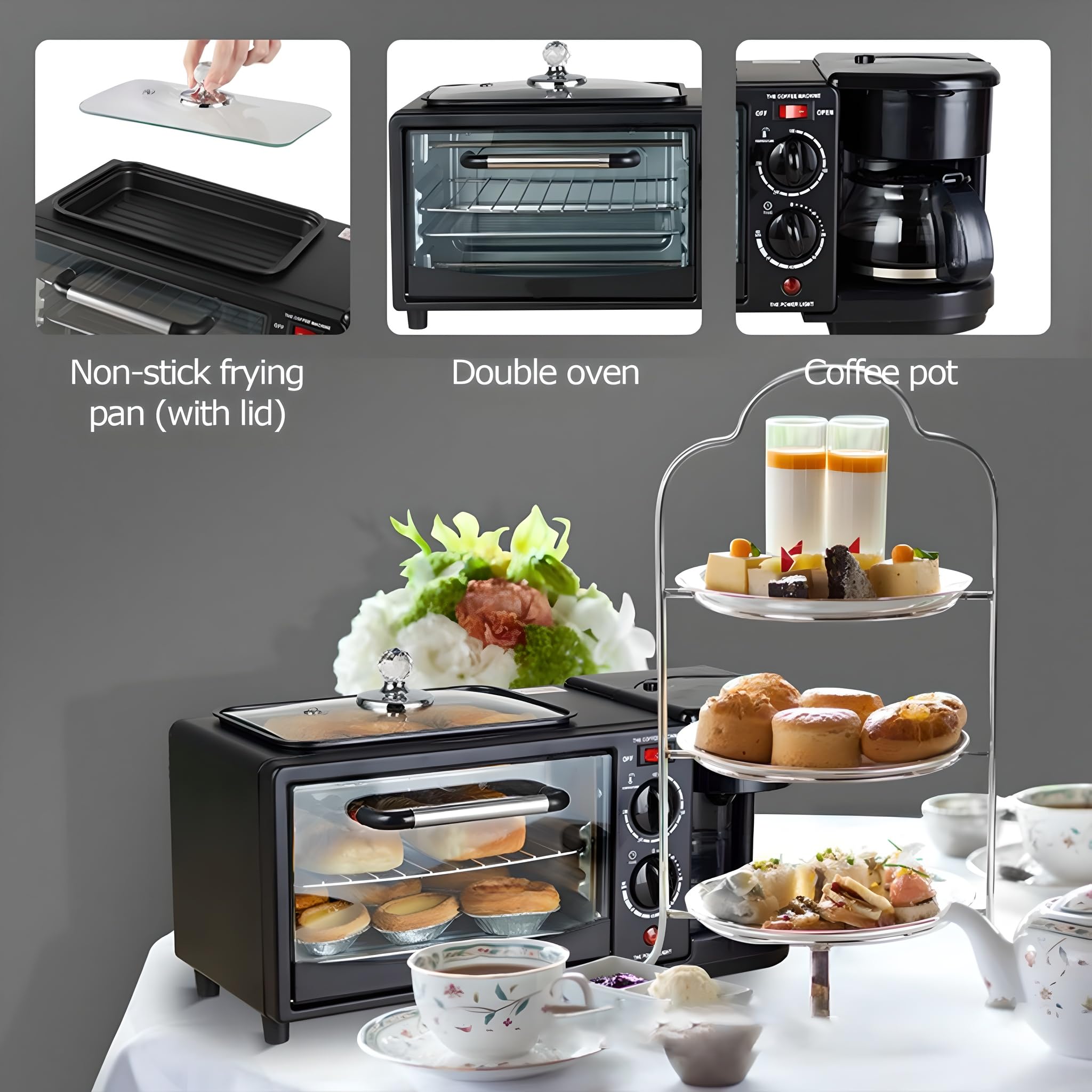 3-in-1 Breakfast Maker, forno per tostapane 9L con slot a 4 affetti e bollitore da 600ml.Stazione di caffè elettrica compatta per la cucina dell'appartamento.Design Cool-Touch sicuro per una facile co