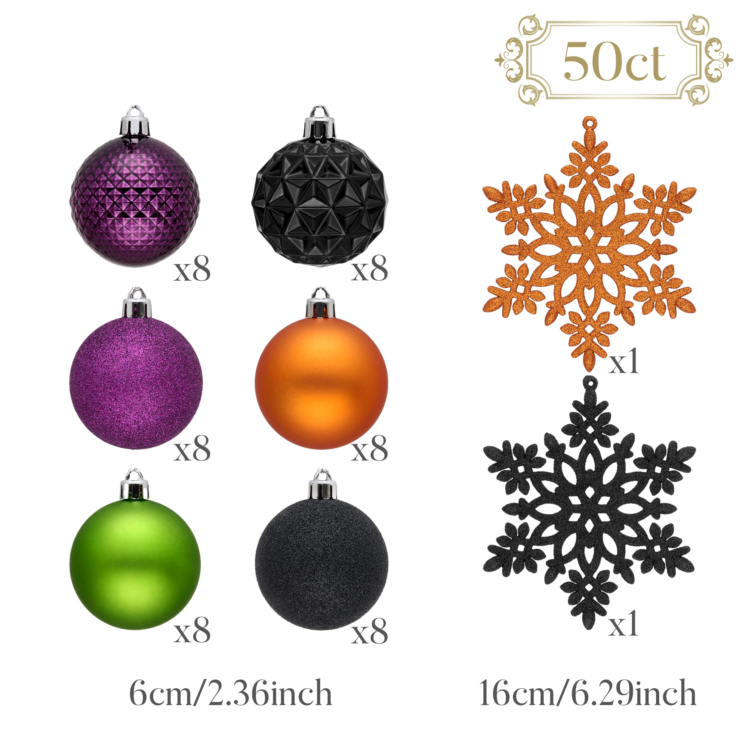 Valery Madelyn Lot de 50 boules de Noël incassables pour décoration d'automne d'Halloween, décoration de Noël en vrac, 6,9 cm, orange/violet/noir