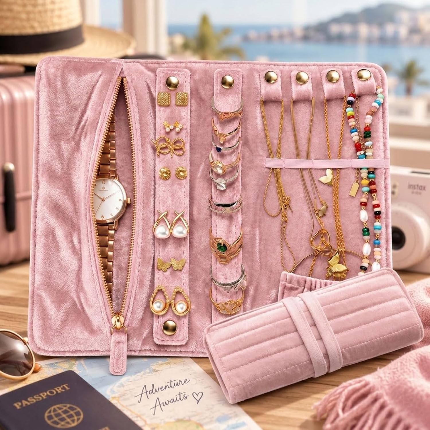 Small Flat Travel Jewelry Organizer: Tangle-free Velvet Jewelry Roll Case