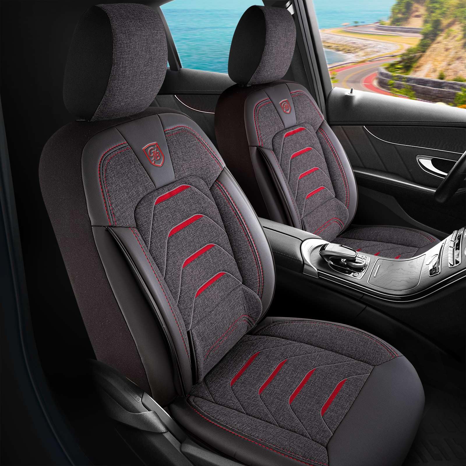 Autositzbezüge Universal für PKW & SUV - Premium Vordersitze Auto Sitzbezug aus Leinen, Rauchgrau-Rot, Airbag-Kompatibel Sitzauflage, Autoschonbezug, Vordersitz-Set inkl. Montageset
