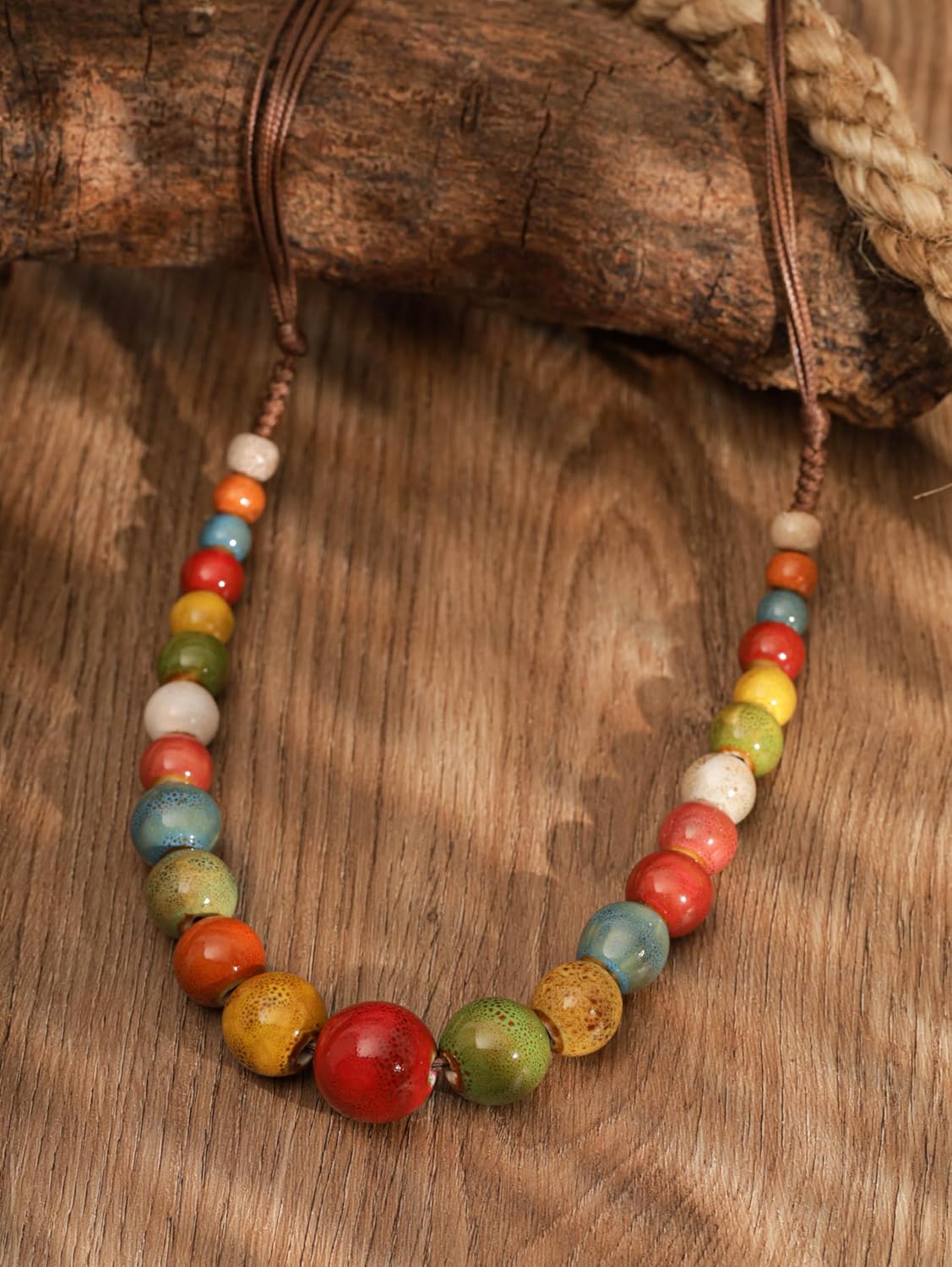 MINACHI Hippie Boho Colorful Ceramic Round Beads Strand Necklace, Bohemian Fashion Statement Jewelry Gift for Women - Image 2