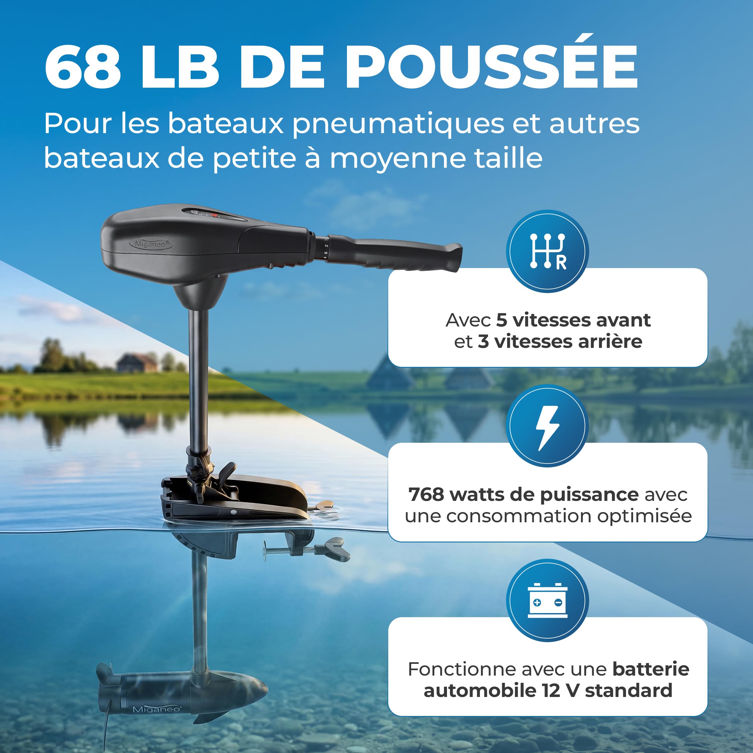 Miganeo Moteur Électrique Bateau TRS 68 lbs – Moteur Hors-Bord 768W 12V – Adapté Eau Salée avec Indicateur LED – pour Bateaux Pneumatiques – 5 Vitesses Avant & 3 Arrière
