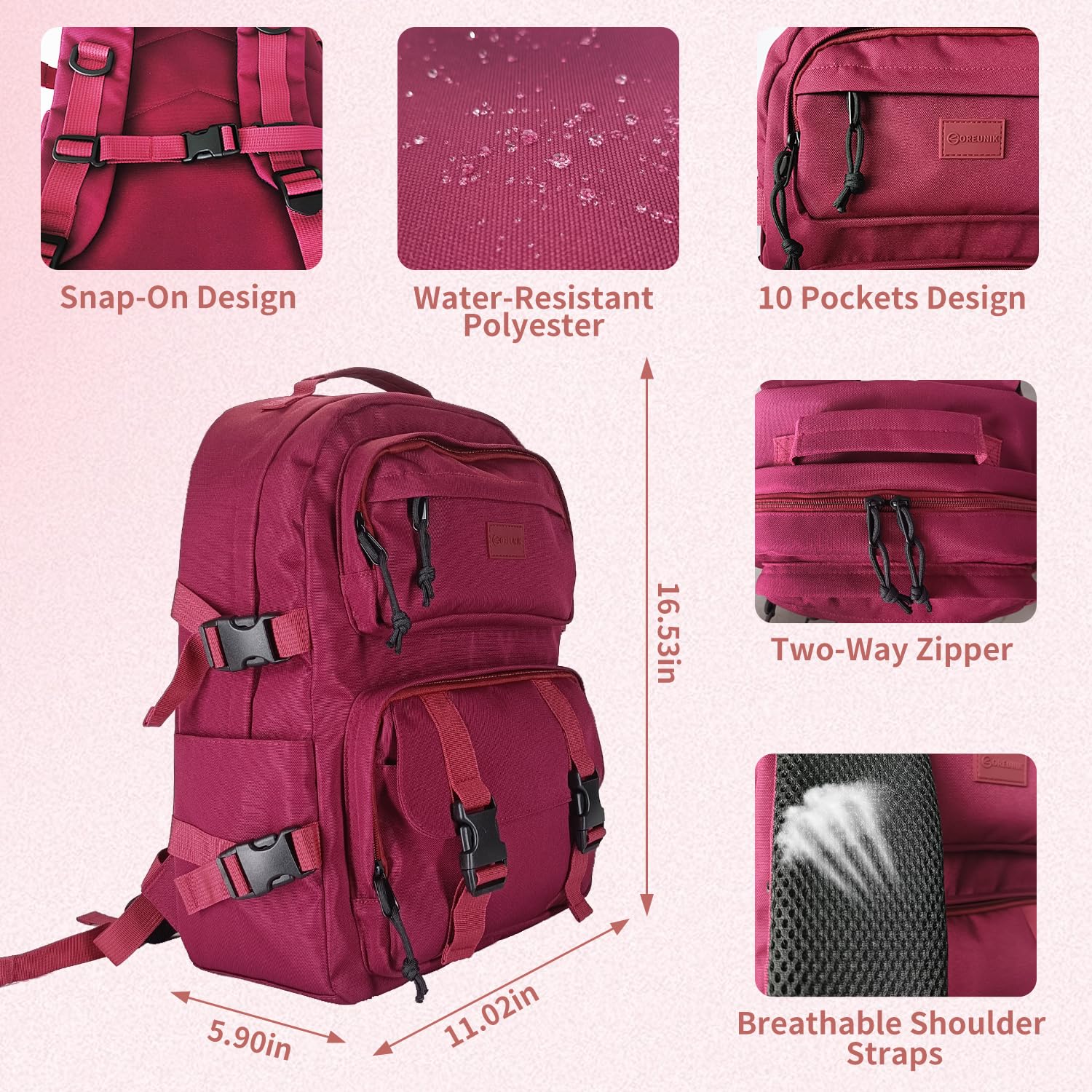 Oreunik Zaino Casual,Zaino Uomo Donna Leggero Zaini Impermeabile per bagaglio Porta PC 15,6 Viaggio Lavoro Scuola Affari Palestra