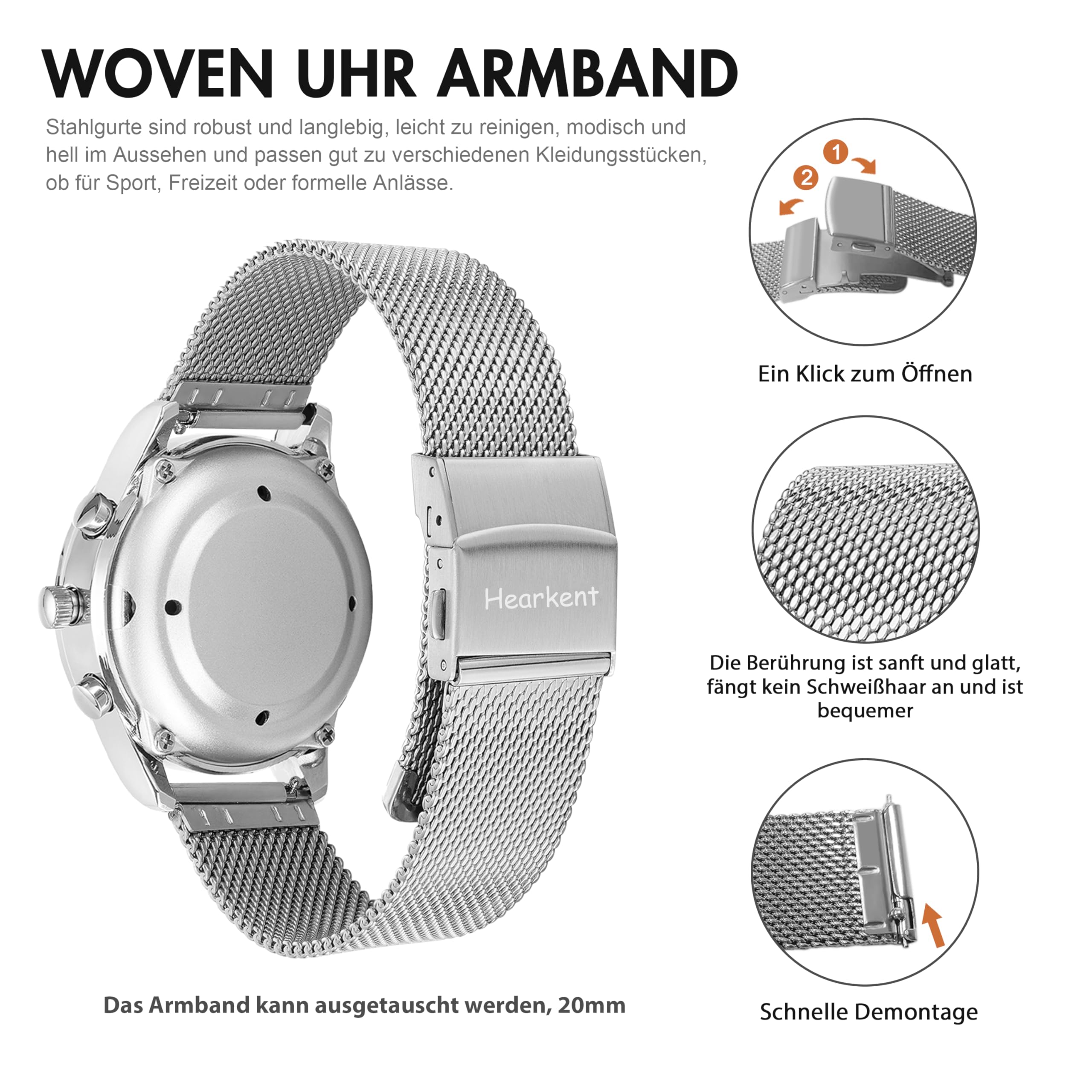 Hearkent Orologio parlante, avviso vocale tedesco, orologio da polso autoregolante, argento, cinturino da 20 mm, Uomini, Classico | Numeri grandi, idea regalo per anziani, ciechi, persone con problemi di vista, allarme incorporato/segnale orario 2309