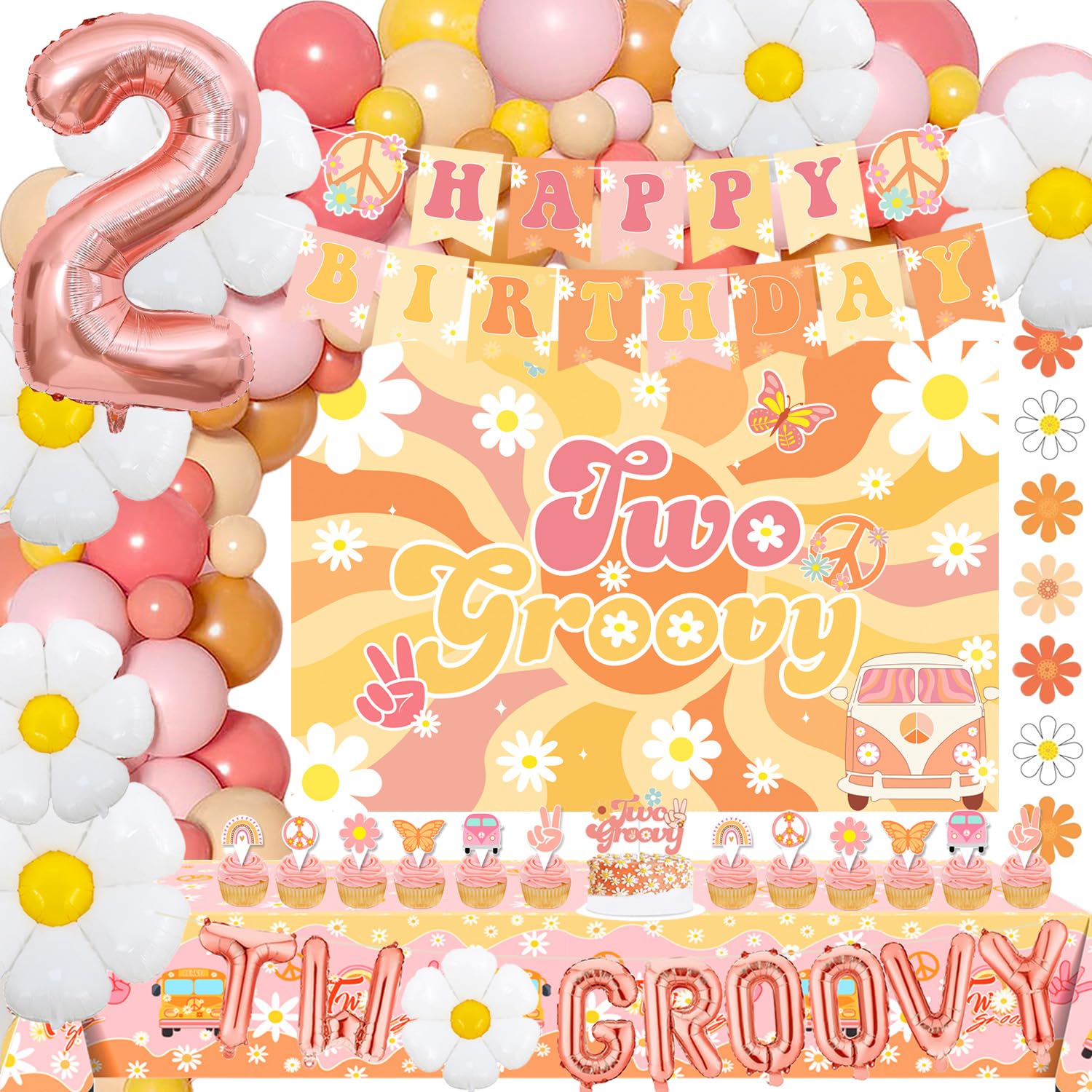 Tsoifu Groovy 2nd Birthday Party Decorations Girl, Two Groovy Birthday Decorations Boho Daisy Balloons Two Groovy Party Backdrop Tablecloth and